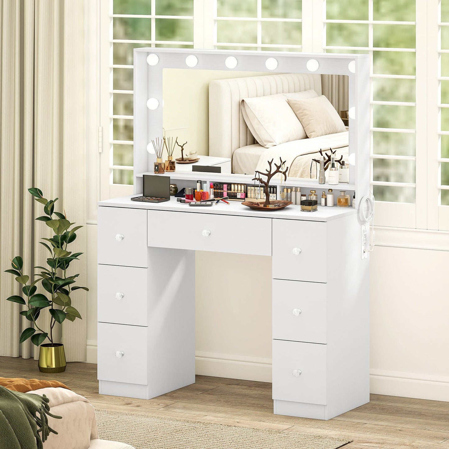 LED Vanity Desk with 7 Drawers and Charging Station - White
