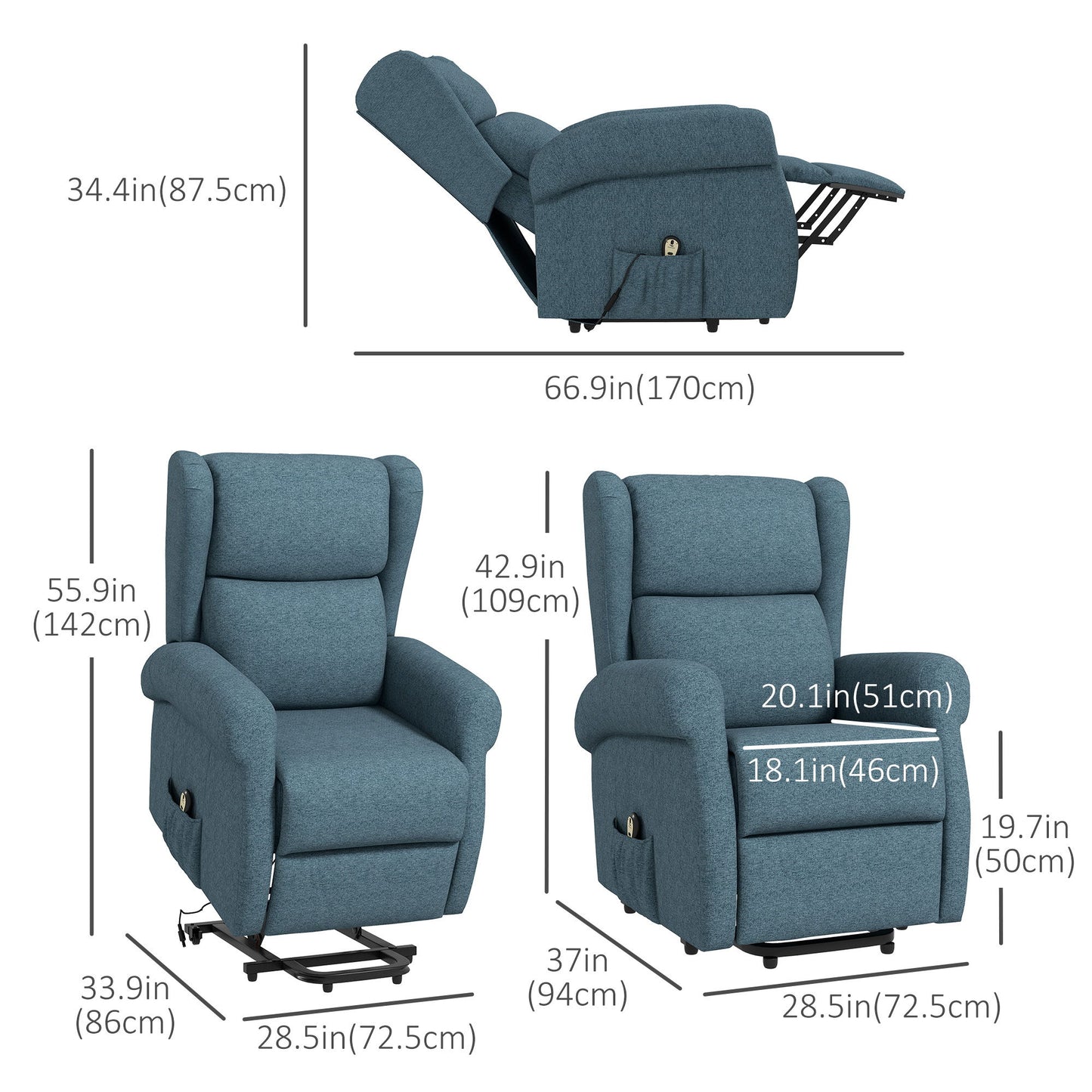 Wingback Lift Chair for Elderly, Power Chair Recliner with Footrest, Remote Control, Side Pockets, Blue