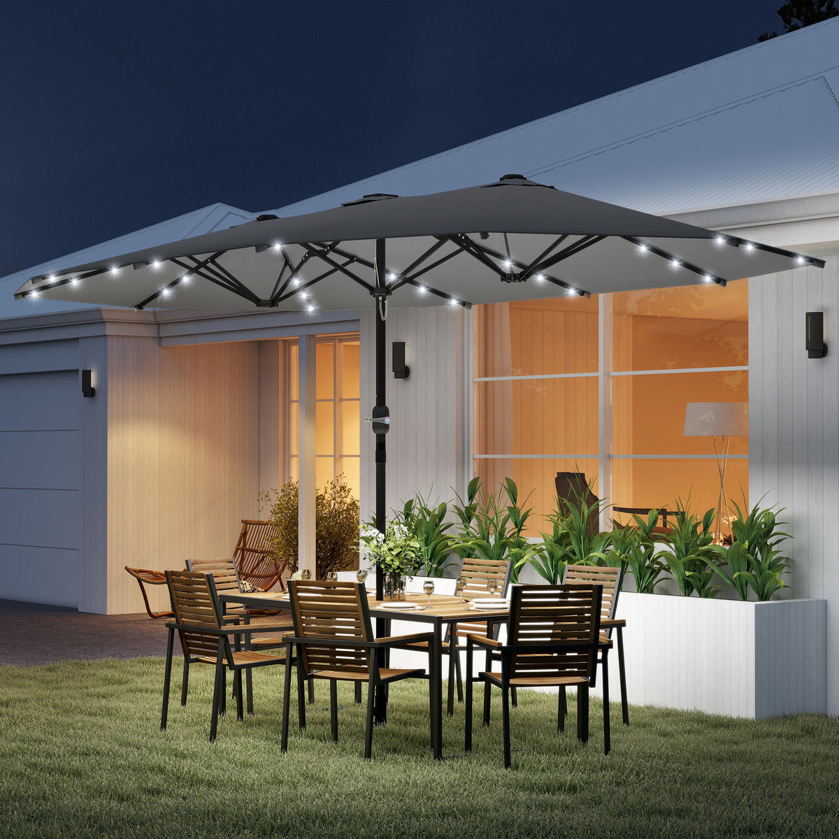 173" Double-Sided Sun Umbrella Garden Parasol Patio Sun Shade Outdoor with LED Solar Light, No Base Included, Dark Gre