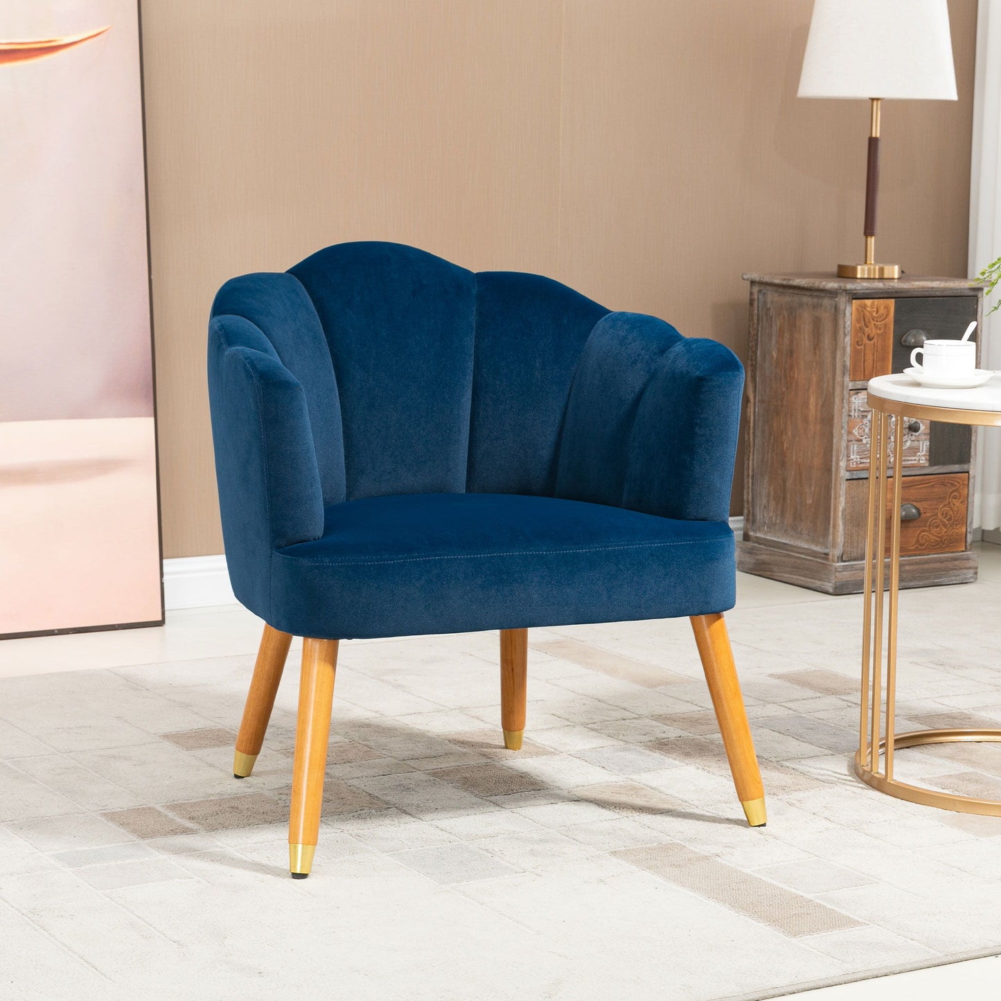 Modern Accent Chairs with Cushioned Seat, Upholstered Velvet Armchair for Bedroom, Living Room Chair with Arms and Wood Legs, Blue