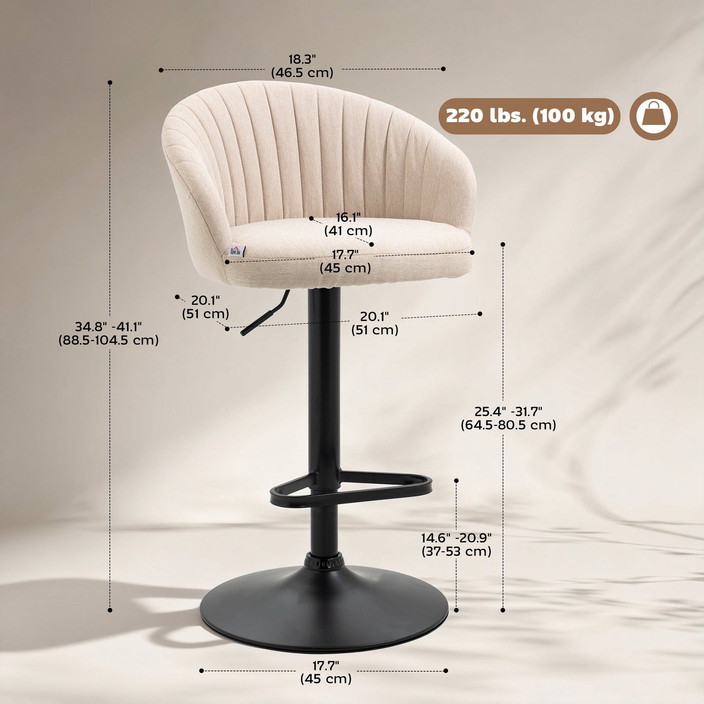 Bar Stools Set of 2, Swivel Counter Height Barstools with Back, Footrest, Adjustable Height, Beige