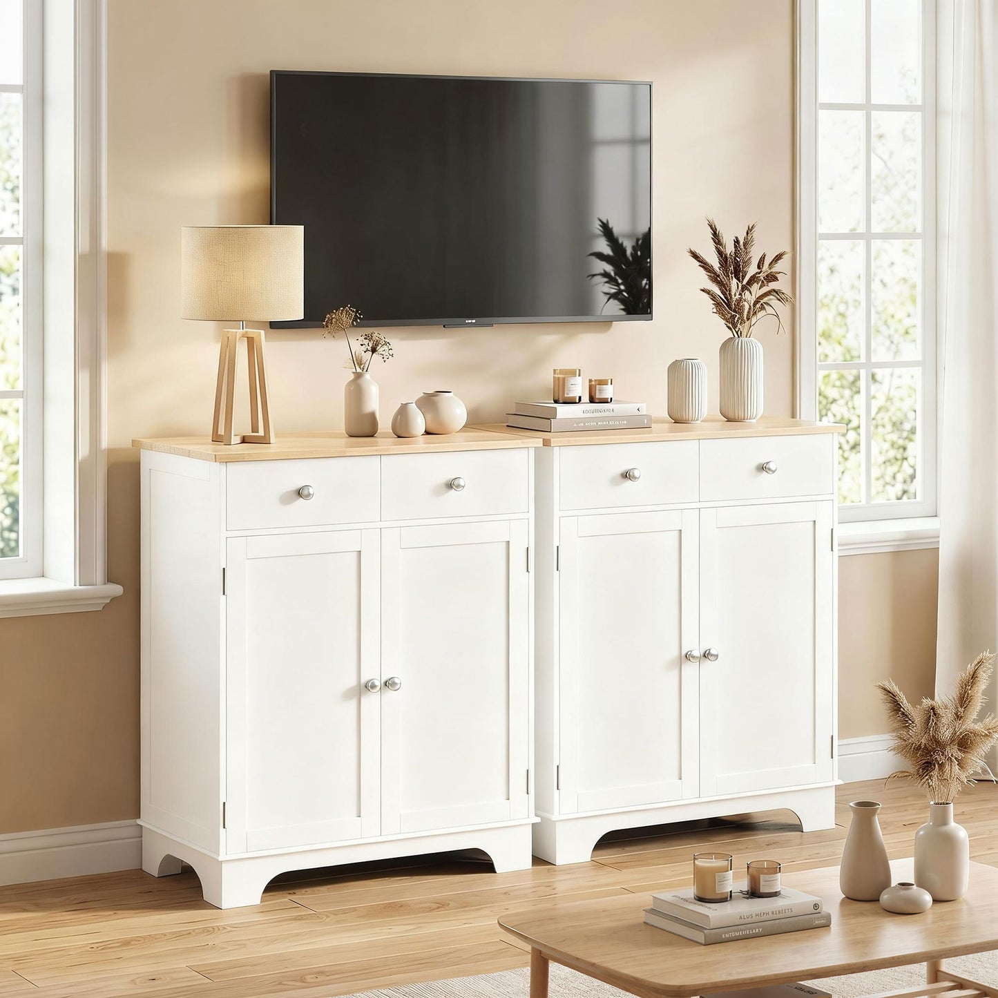 Sideboard Buffet Cabinet with Storage, 27" Kitchen Cabinet with Adjustable Shelf, 2 Drawers and 2 Doors, Coffee Bar Cabinet with Rubberwood Tabletop, White