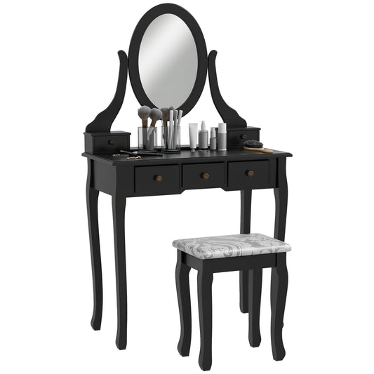 Vanity Desk with Stool, Makeup Vanity with 360° Rotating Oval Mirror, 5 Drawers and Padded Seat, Dressing Table for Bedroom, Black