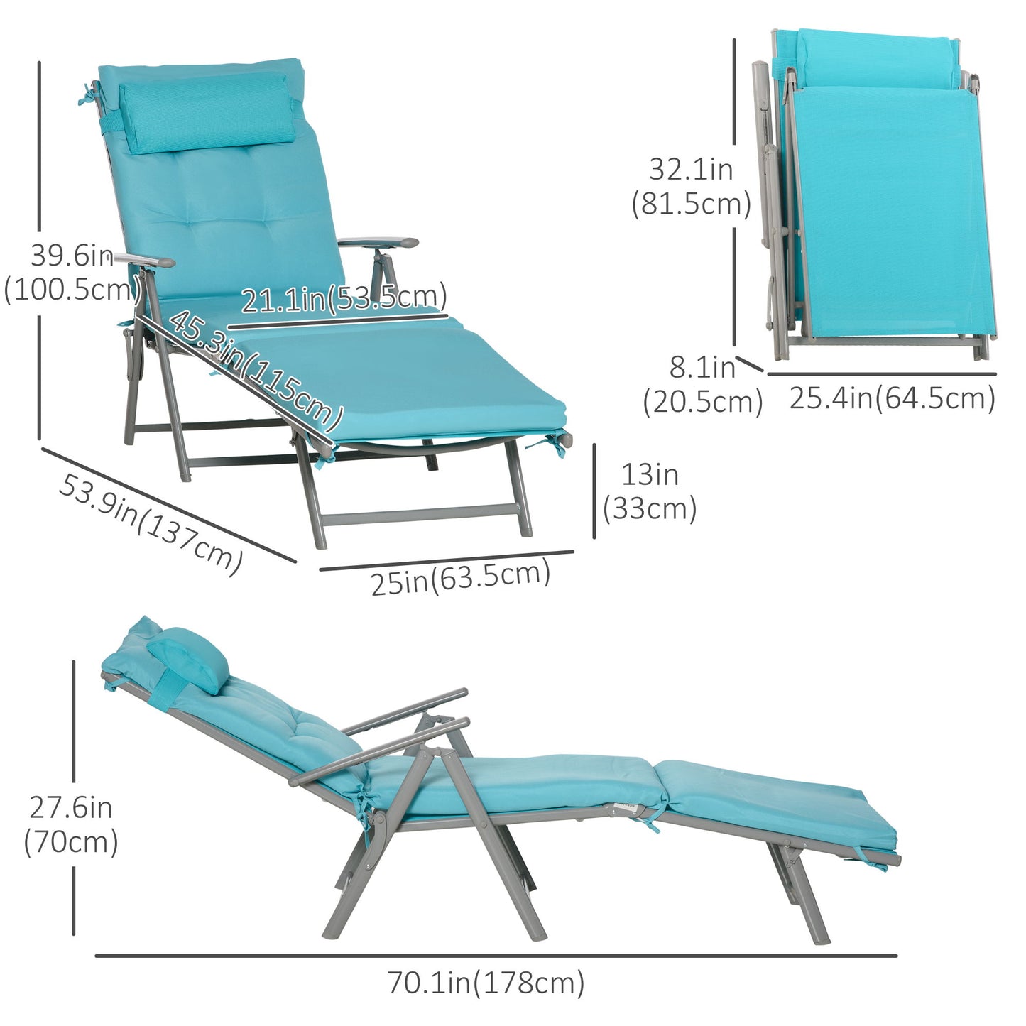 Lounge Chair Outdoor, Folding Patio Chaise Lounger, 360 lbs 7-Position Adjustable Back Outdoor Recliner with Cushion, Headrest for Garden, Backyard, Poolside, Blue