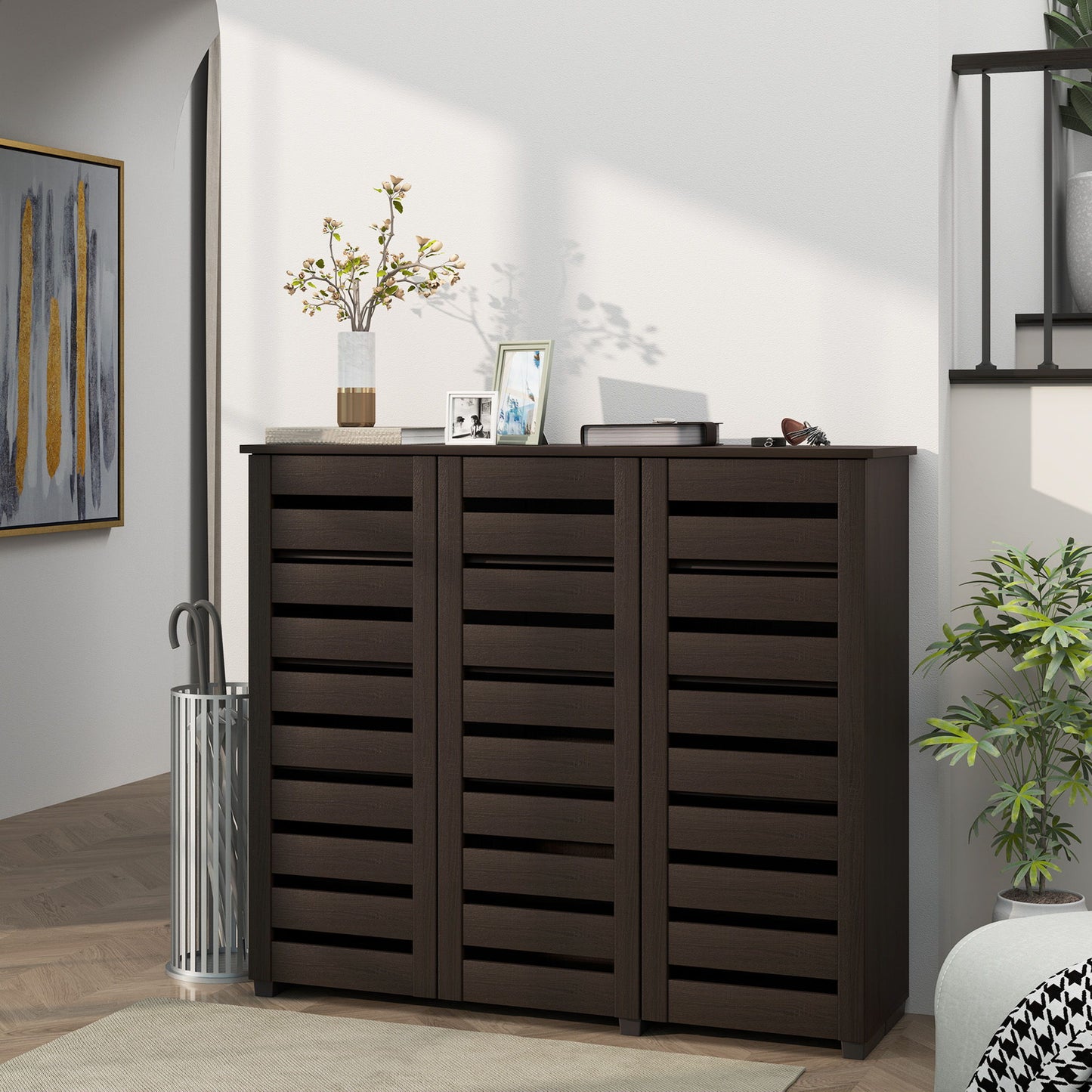 Narrow Shoe Cabinet with Slatted Doors, Adjustable Shelves for 20 Pairs of Shoes, Shoe Cabinet for Entryway, Dark Brown