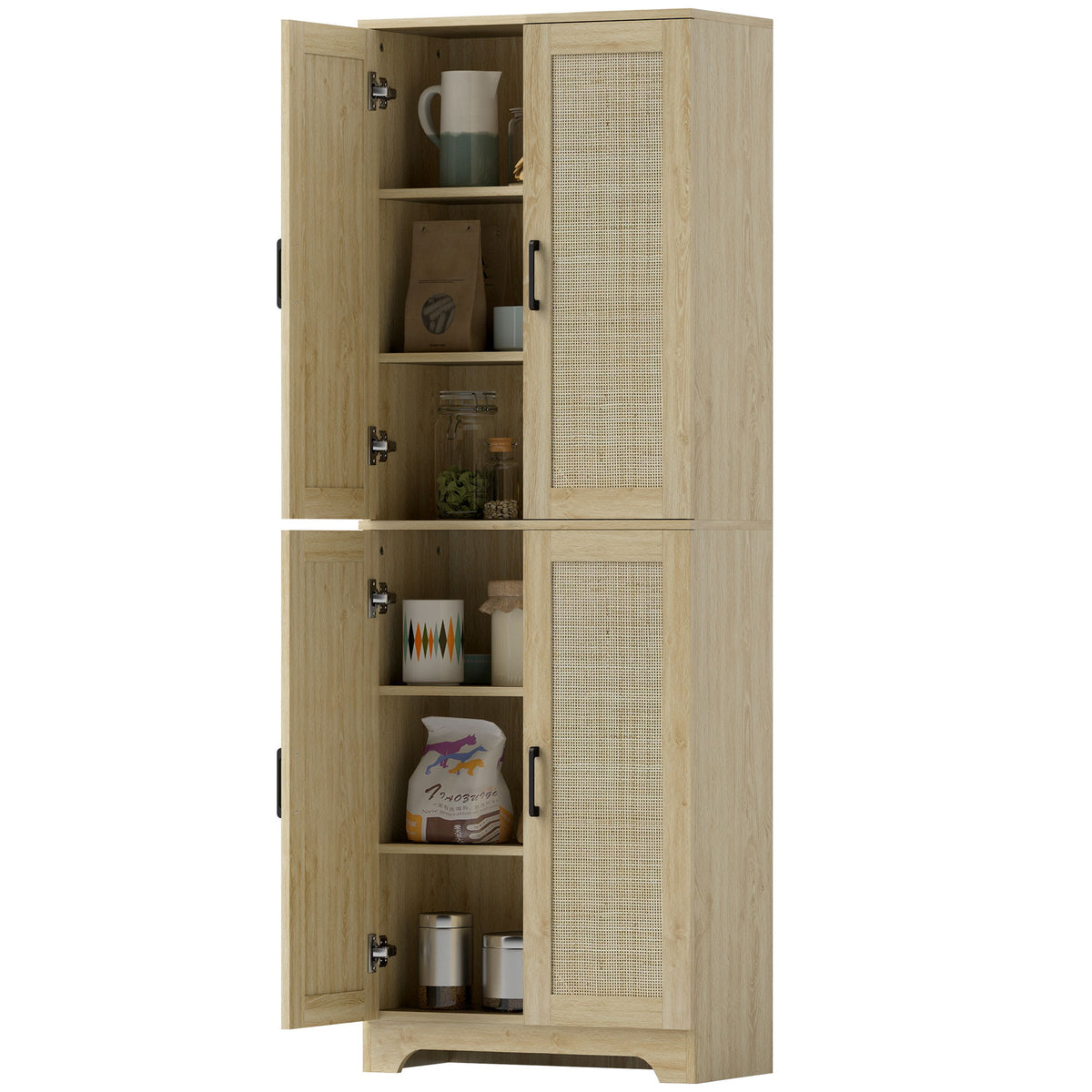 67" Tall Kitchen Pantry, Freestanding Kitchen Storage Cabinet with 4 Rattan Doors and Adjustable Shelves, Oak