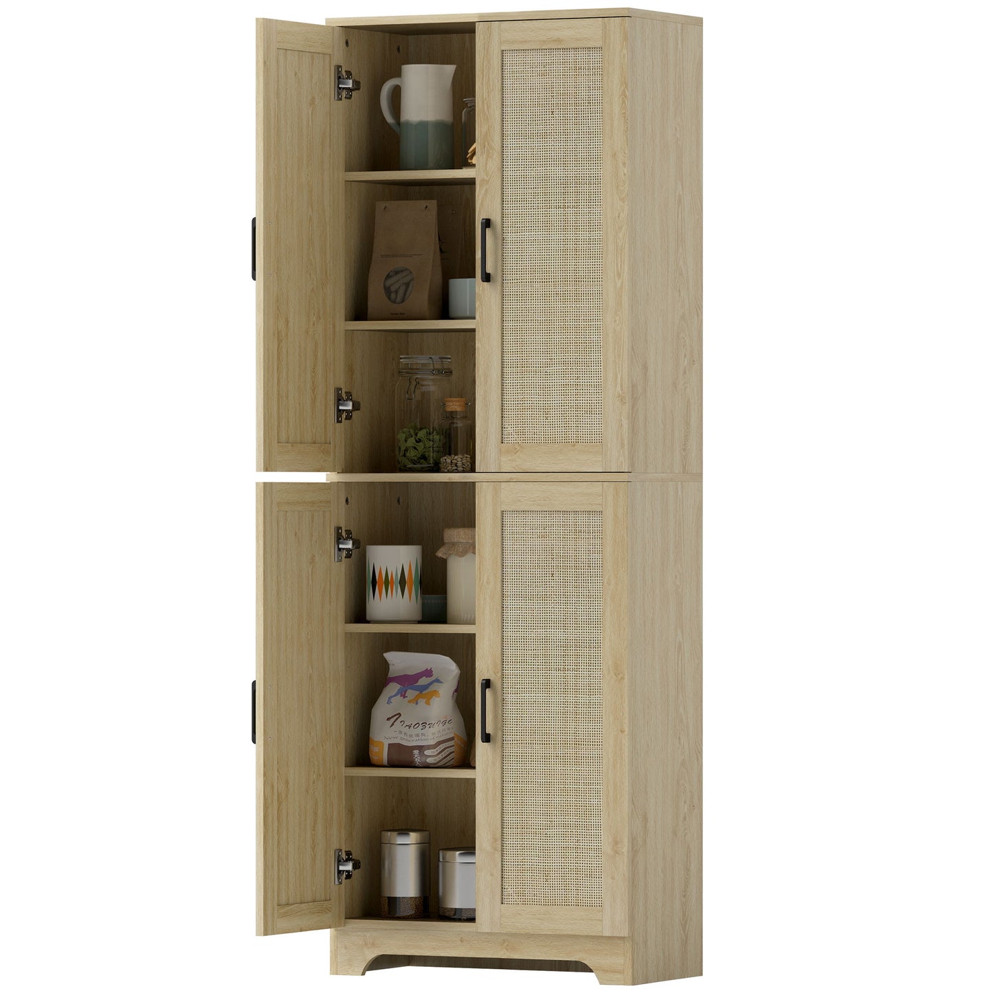 67" Tall Kitchen Pantry, Freestanding Kitchen Storage Cabinet with 4 Rattan Doors and Adjustable Shelves, Oak