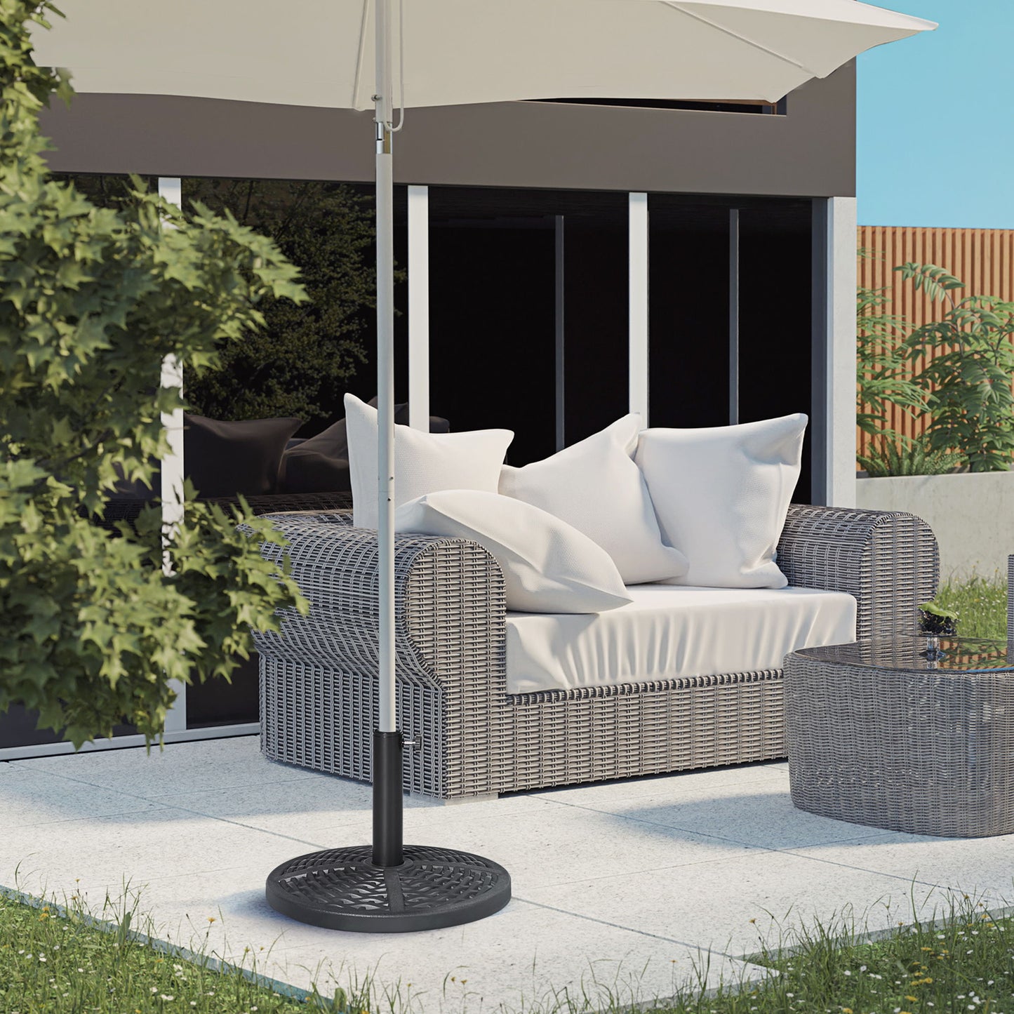 21 lbs Cement Round Market Umbrella Base Holder, 18" Heavy Duty Parasol Stand with Rattan Design for Patio, Black