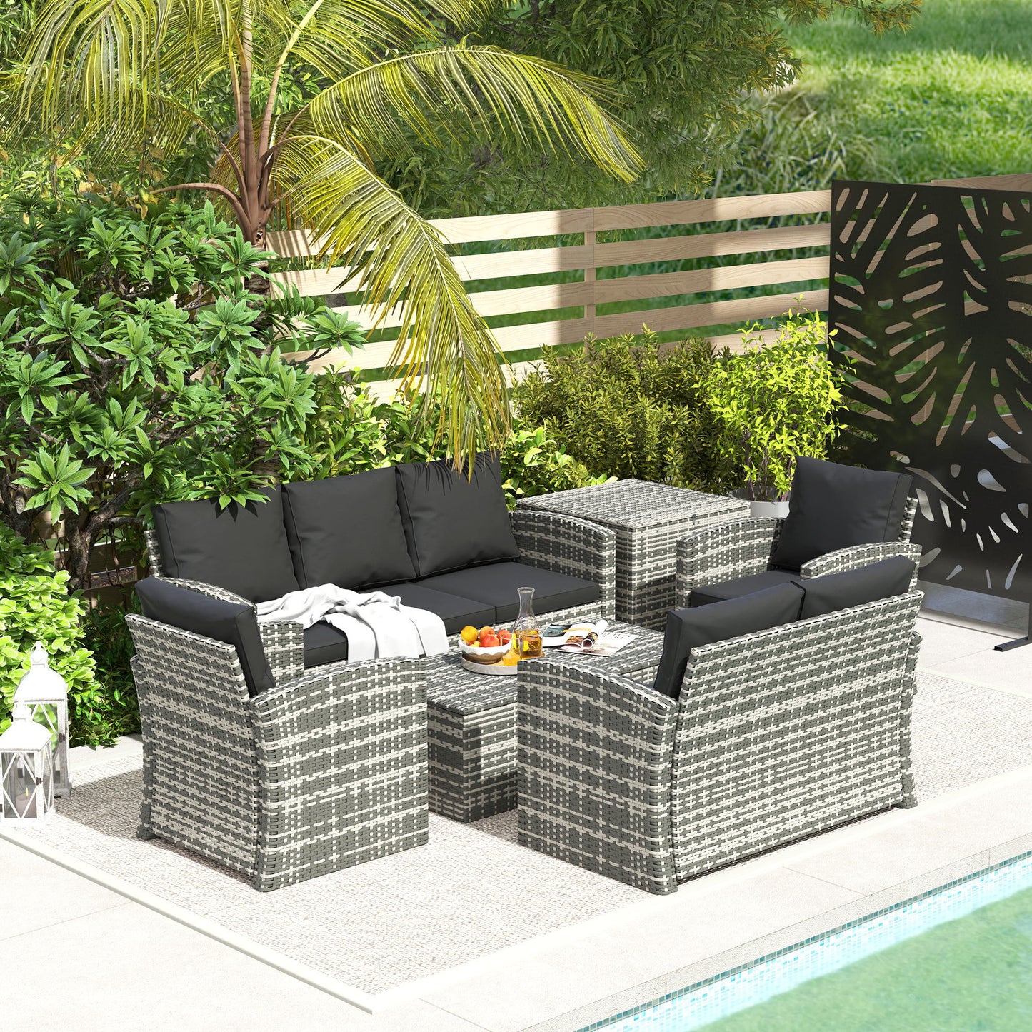 6 Pieces Wicker Patio Furniture Set with Cushions, 7-Seater Rattan Patio Sofa Set with Storage Coffee Table & Side Table, Sectional Outdoor Furniture Set, Black