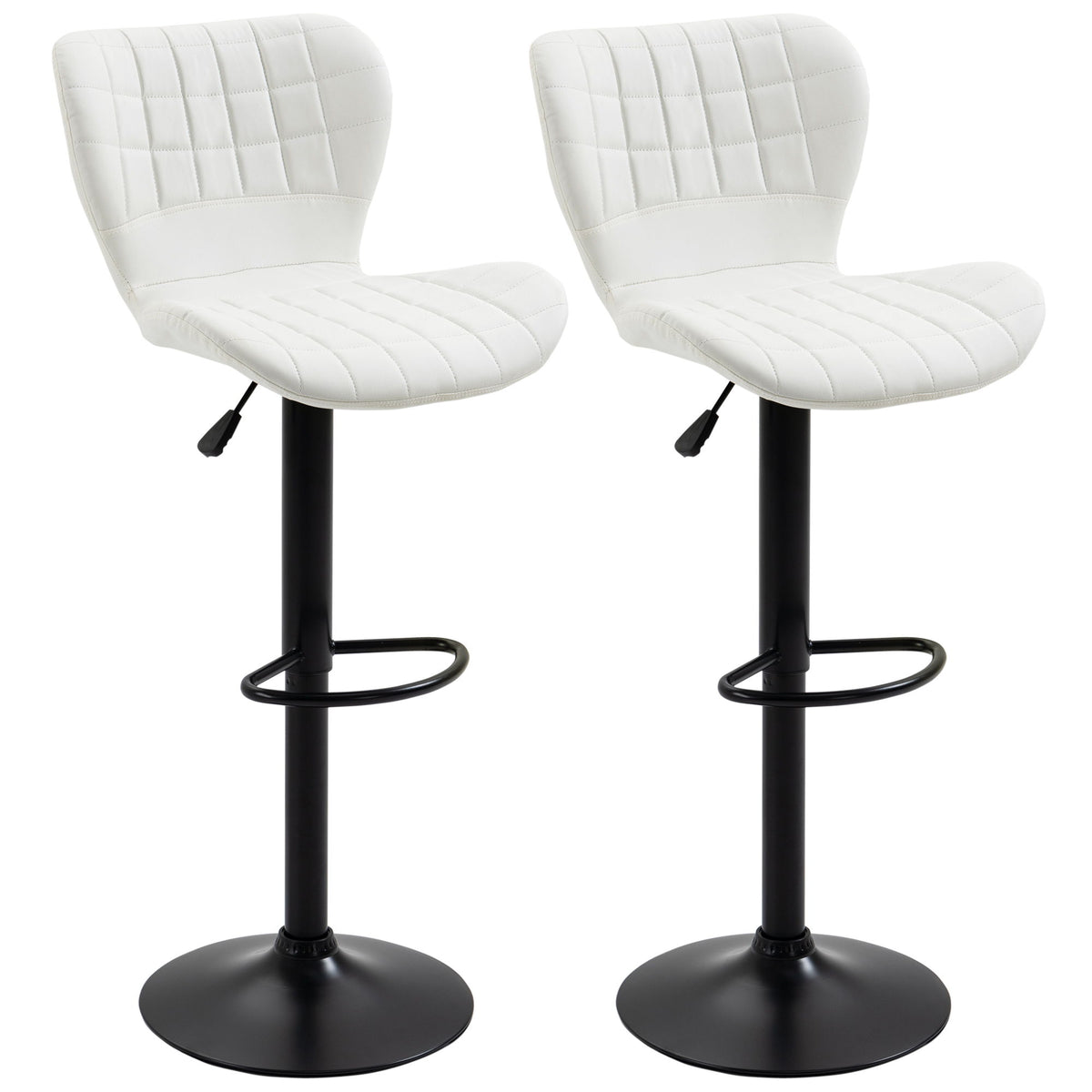 Bar Stools Set of 2 Adjustable Height Swivel Bar Chairs in PU Leather with Backrest & Footrest, White