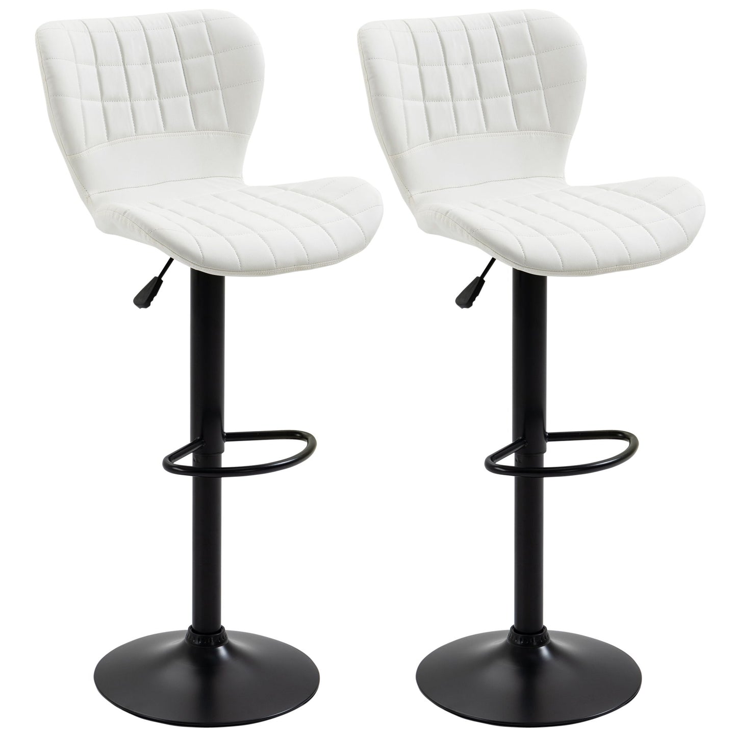 Bar Stools Set of 2 Adjustable Height Swivel Bar Chairs in PU Leather with Backrest & Footrest, White