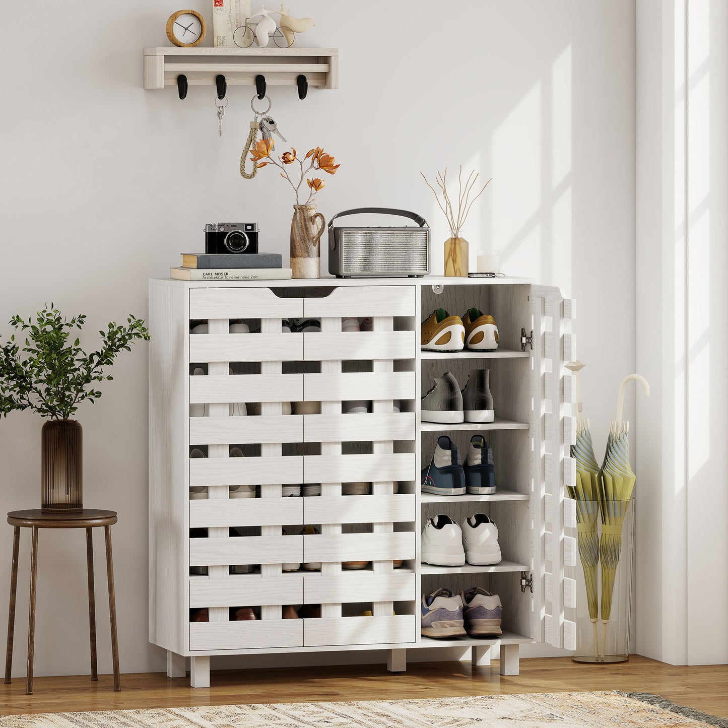 Shoe Cabinet, 20 Pair Shoe Storage Cabinet with Hollowed-Out Doors, White