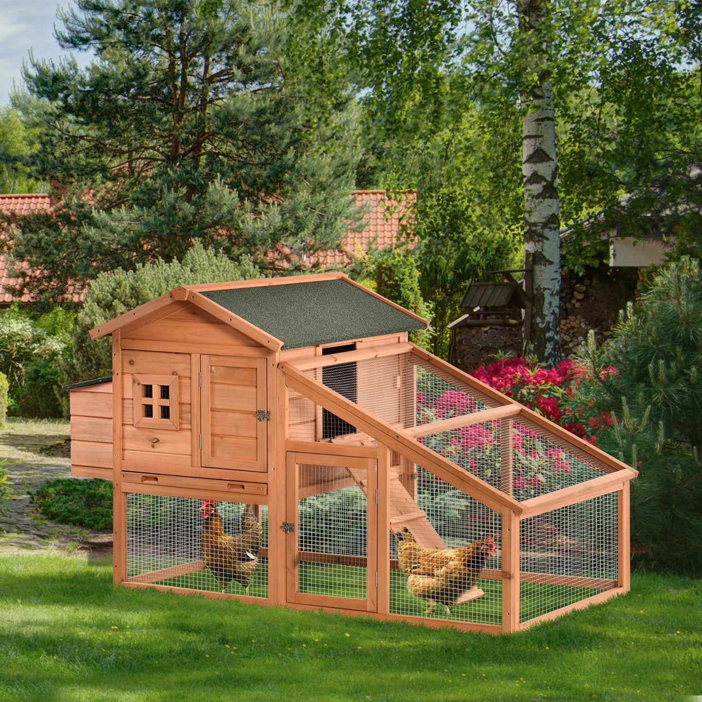 69" Chicken Coop Wooden Hen House Rabbit Hutch Poultry Cage Pen Outdoor Backyard with Outdoor Run Resting Nesting Box Removable Tray Waterproof Asphalt Roof Lockable Door Yellow and Green