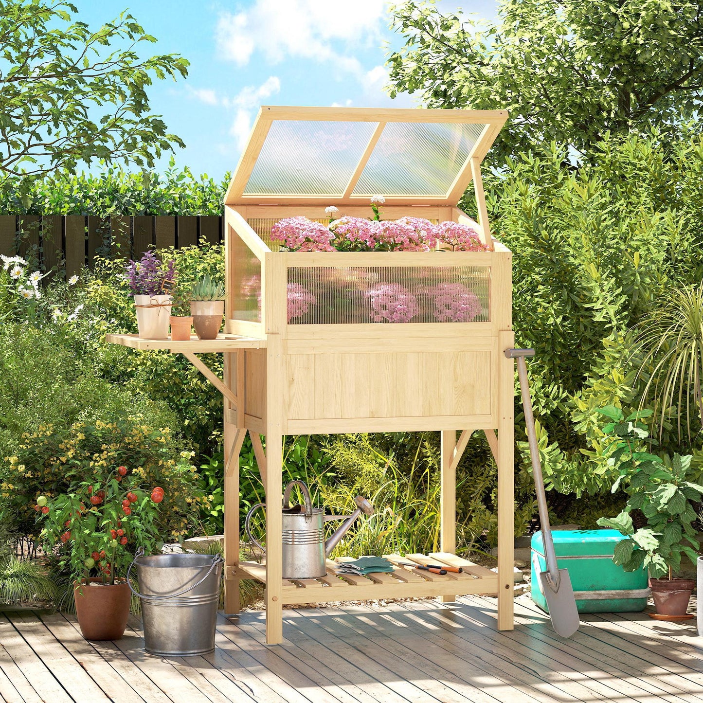 Raised Garden Bed Planter with Cold Frame, Wooden Elevated Planter Box with Folding Side Table and Shelf, Natural Wood