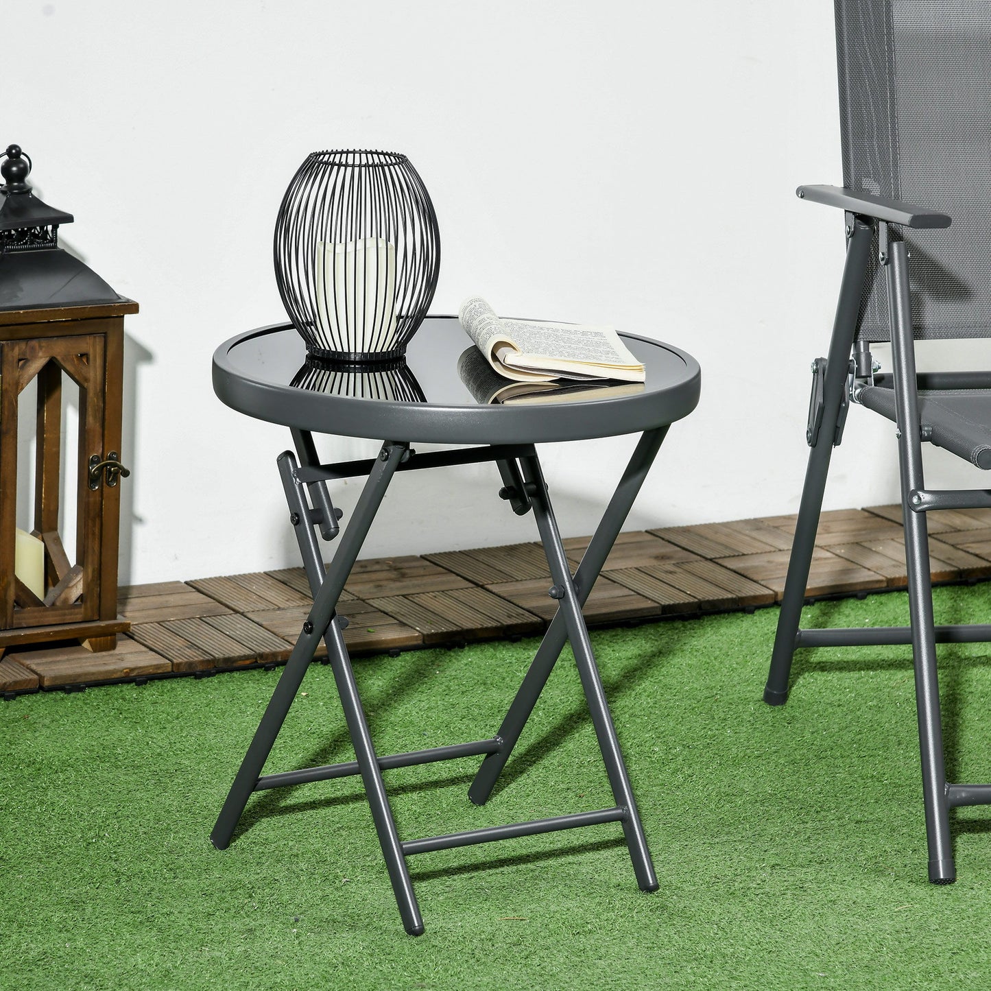 18" Outdoor Round Folding Table, Garden Side Table with Tempered Glass Top for Camping, Party, Weddings, Black
