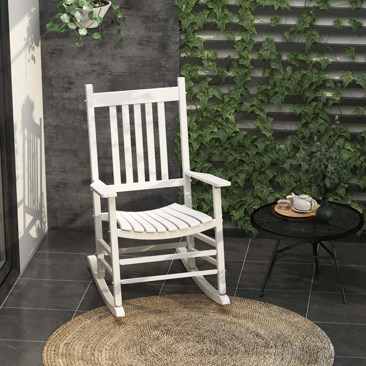 Wooden White Porch Rocking Chair Patio Rocking Single Leisure Reclining Seat Armchair