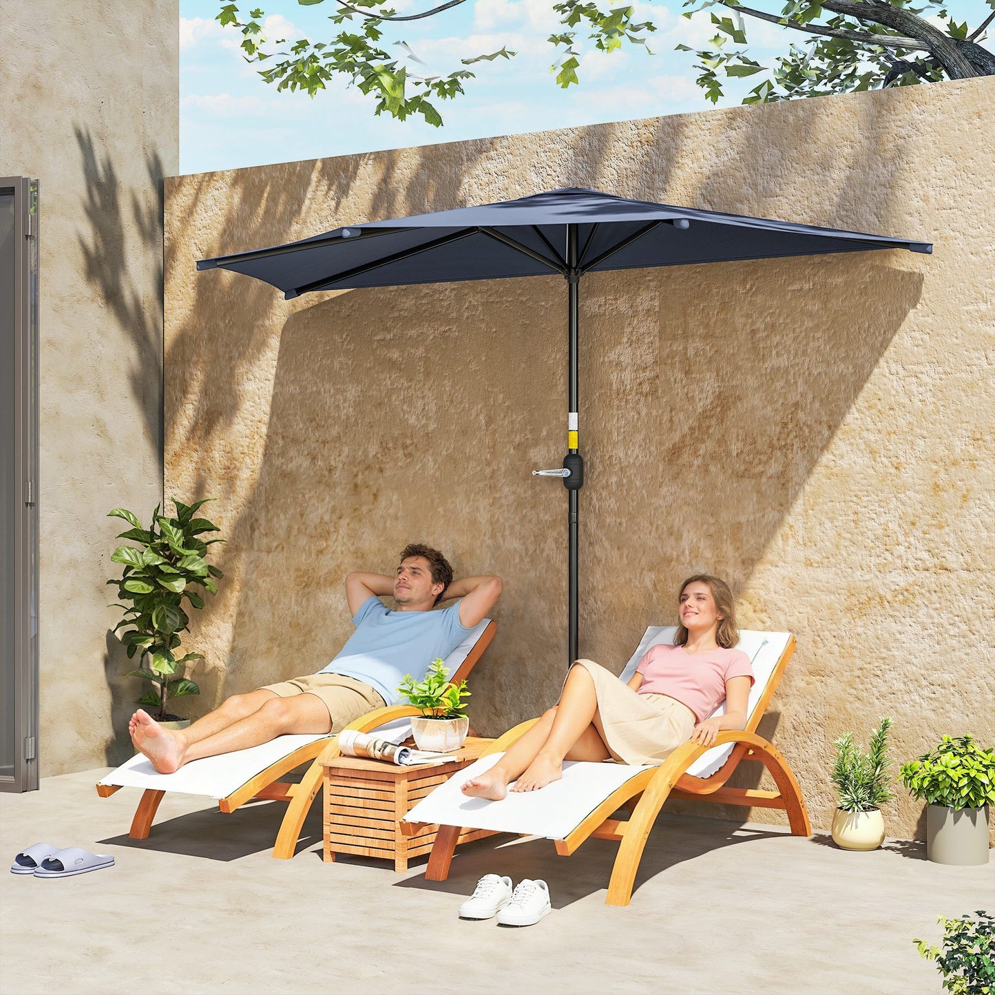 9.8ft Half Umbrella Semi Round Patio Parasol with Crank Handle, Top Vent for Garden, Balcony- NO BASE INCLUDED, Dark Blue