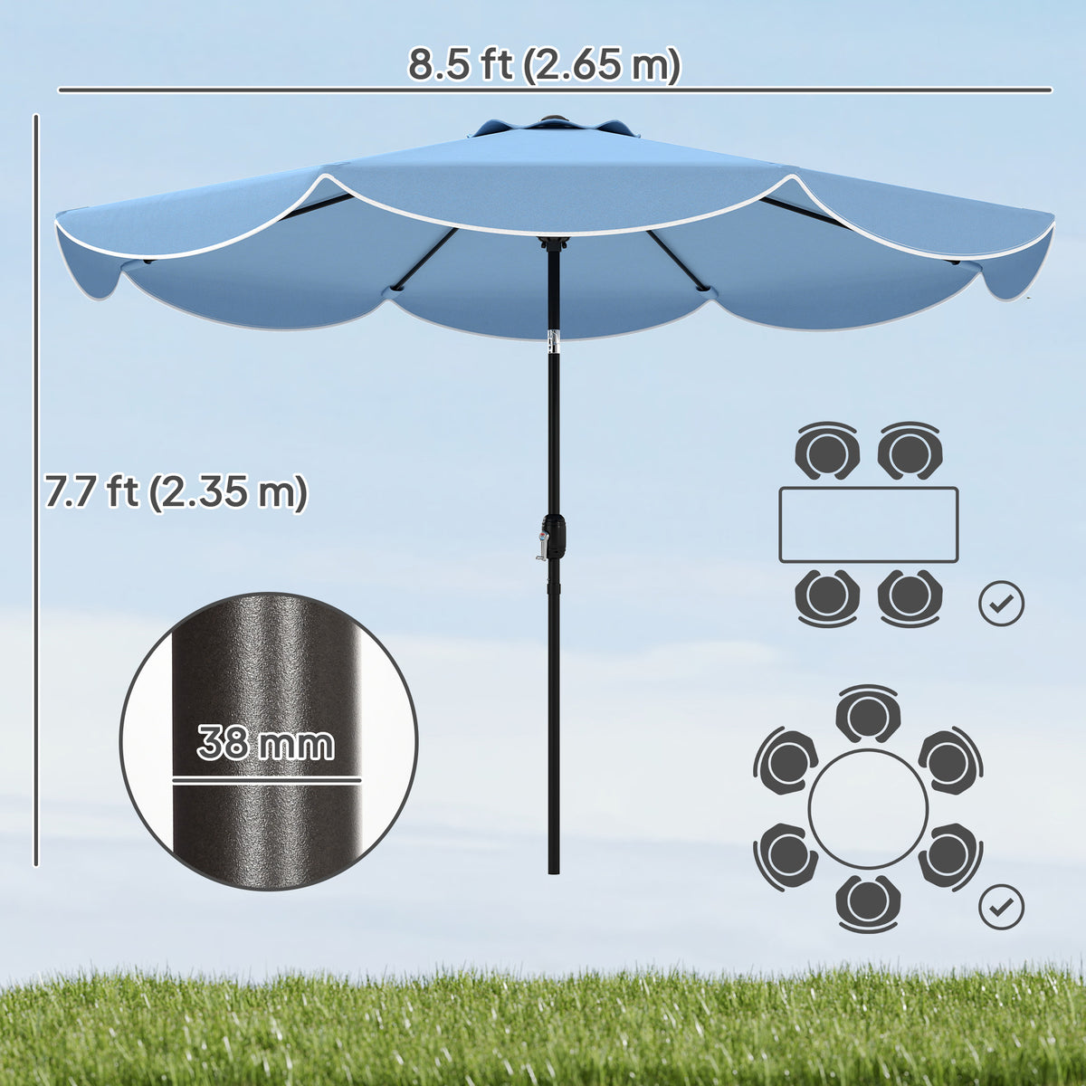 9' x 9' Sky Blue Round Market Umbrella with Valance & Tilt Crank