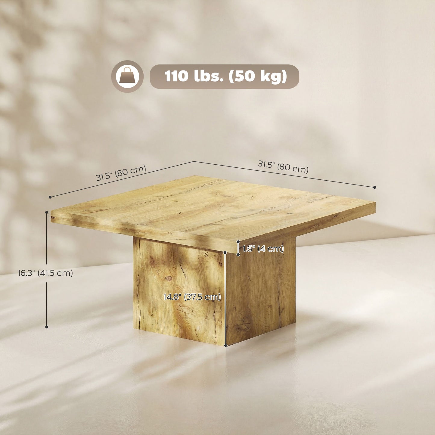 Square Coffee Table, Center Table with 1.6" Thick Tabletop, Natural Wood