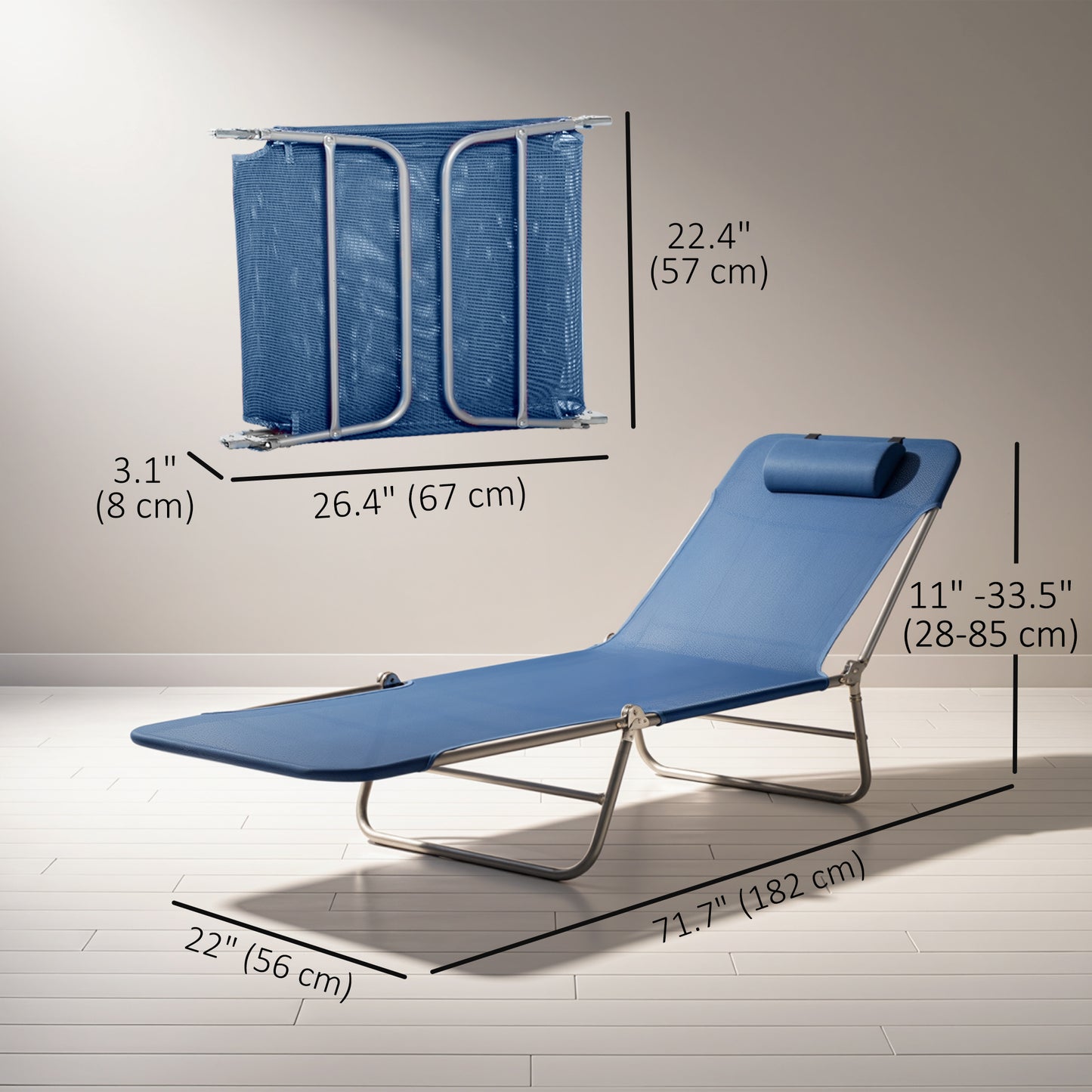 Outdoor Lounge Chair, Portable Reclining Seat, Folding Chaise Lounge, Tanning Chair Bed with Pillow, Pink