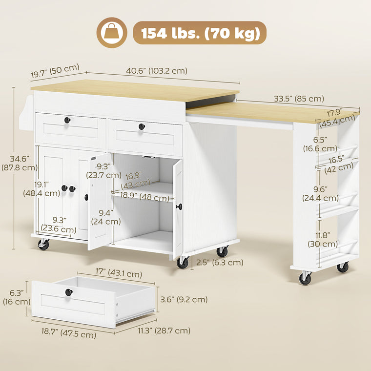 Kitchen Island Cart with Expandable Top and Drawers - White