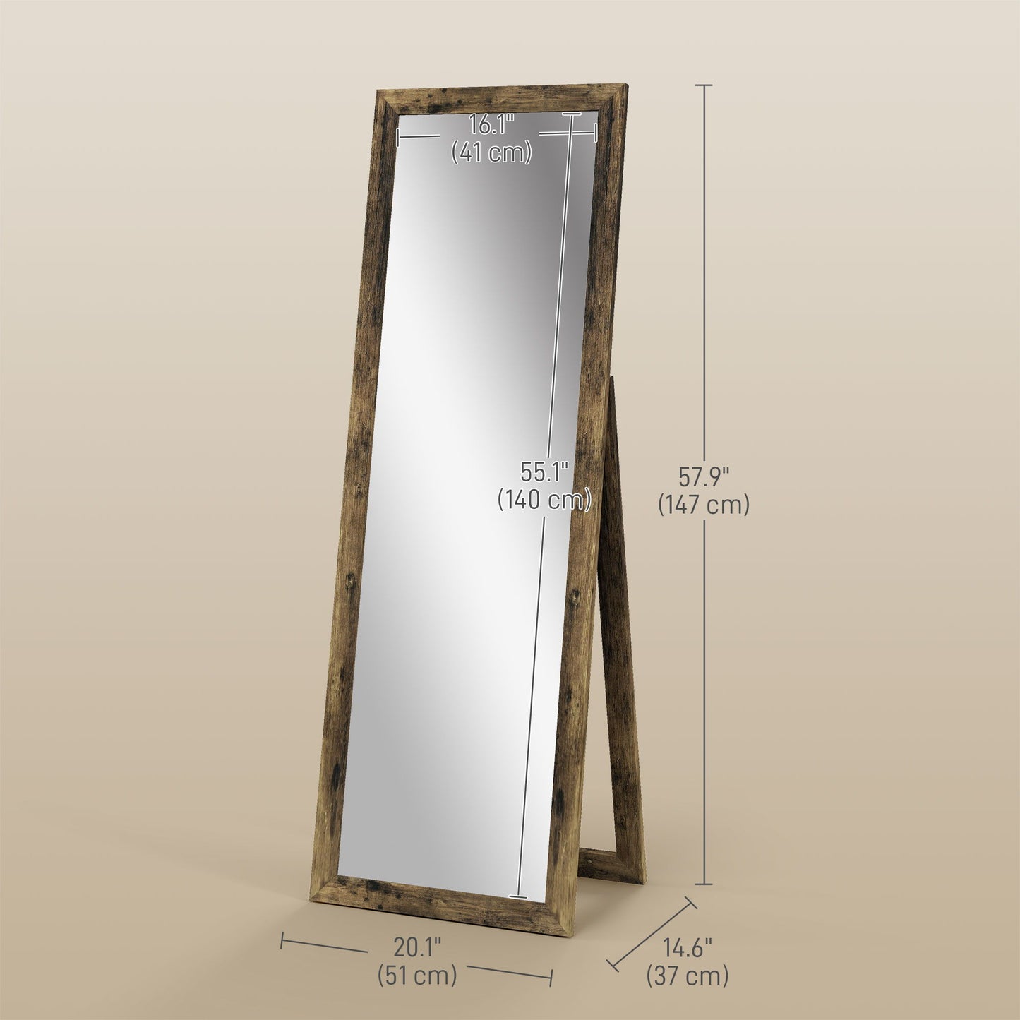 58" x 20" Floor Standing Mirror, Full Body Mirror for Bedroom, Living Room, Rustic Brown
