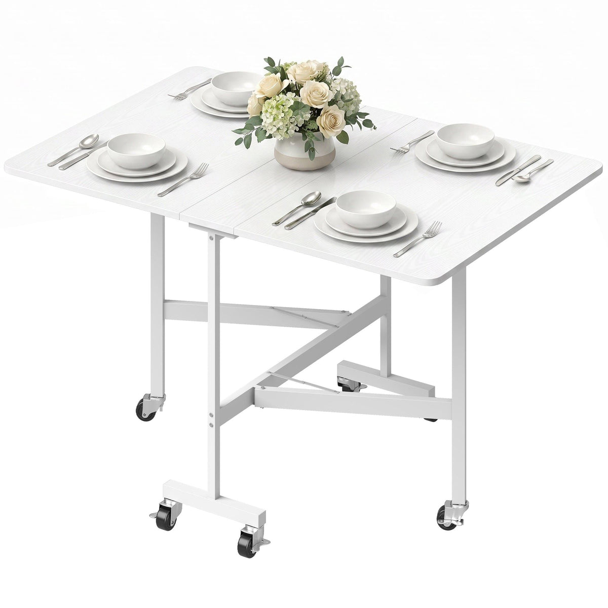 6-Seater Drop-Leaf Dining Table with Wheels - White