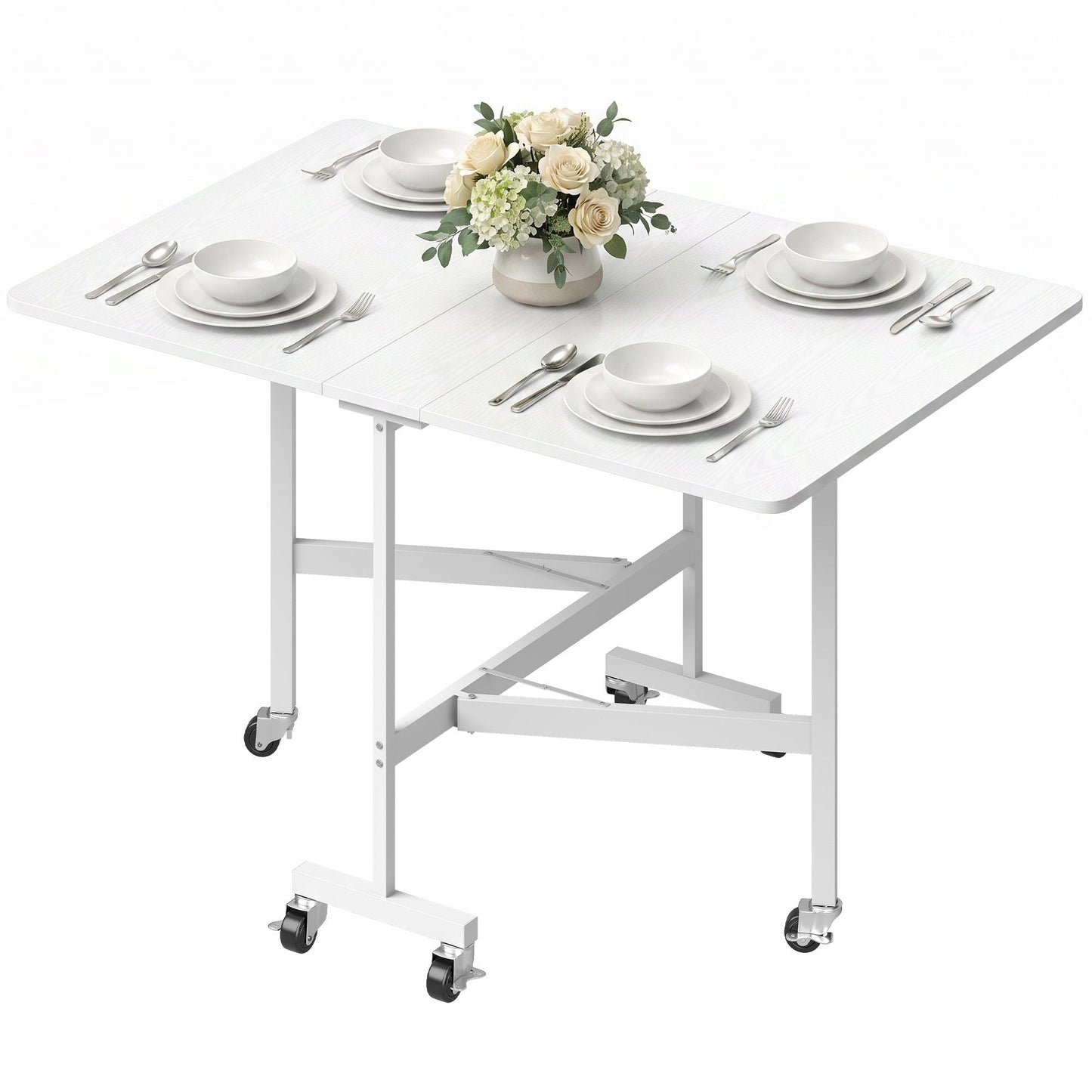 6-Seater Drop-Leaf Dining Table with Wheels - White
