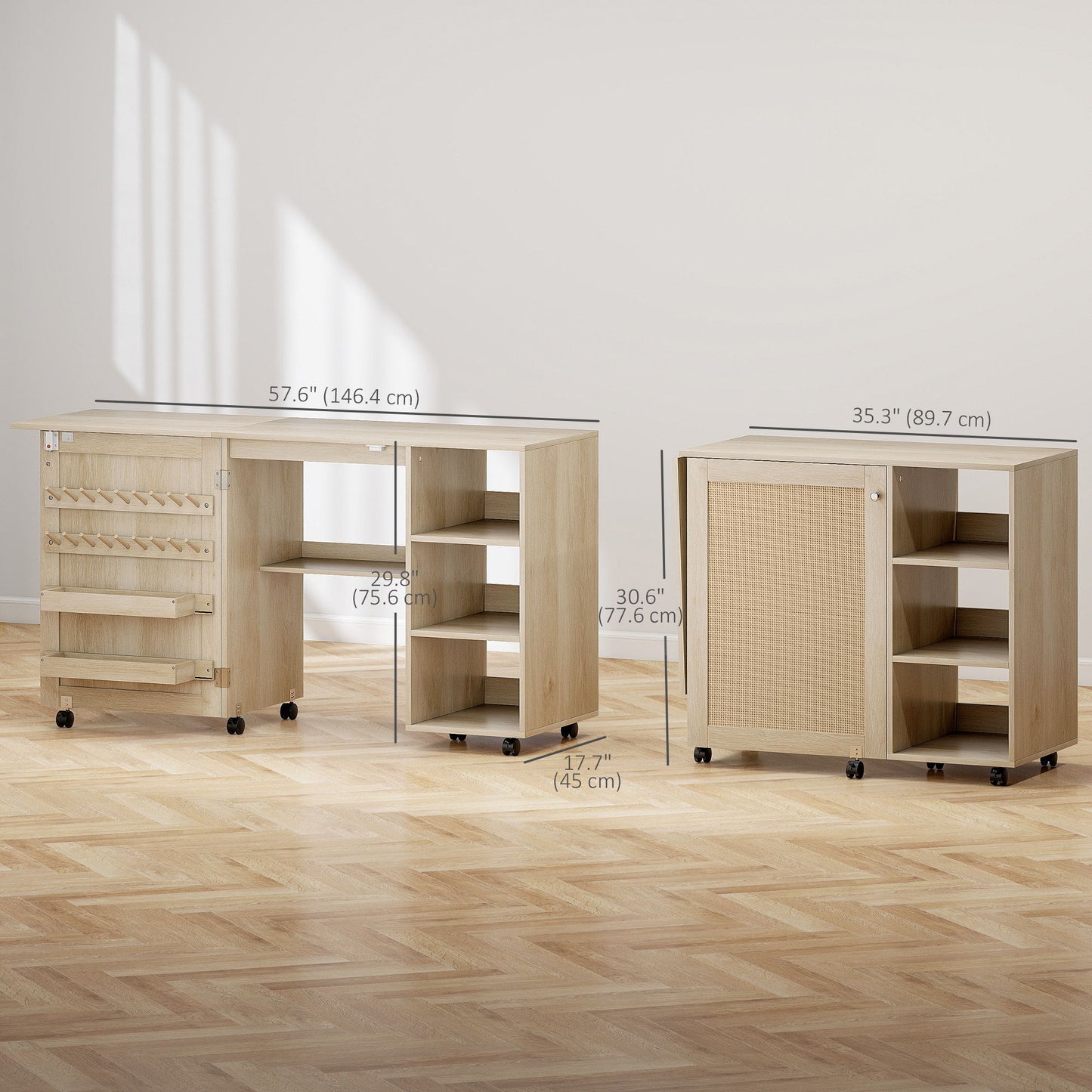 Sewing Machine Table with Drop Leaf, Folding Craft Table Rattan Door and Storage Shelves for Small Spaces, Natural