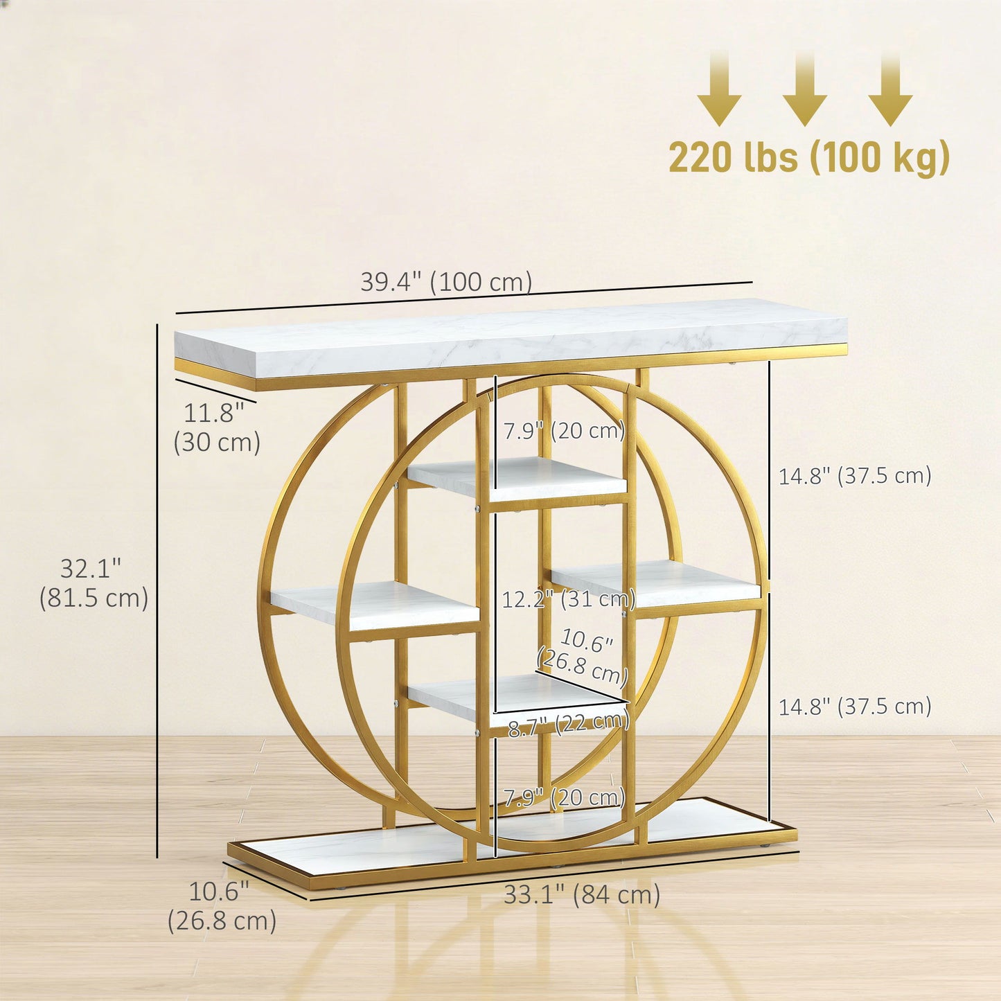 39.4" Console Table with Storage Shelves, Industrial Sofa Table for Living Room, Hallway, White Marble Effect