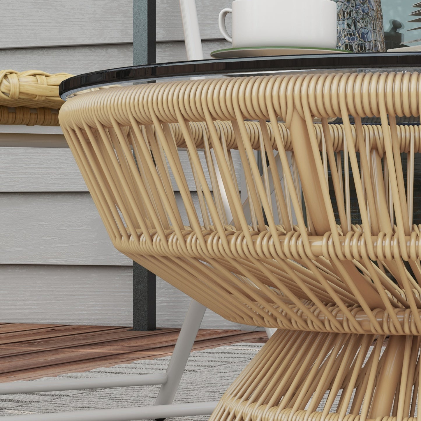 Rattan Outdoor Coffee Table, Patio End Table with Tempered Glass Tabletop & Steel Frame, Wicker Furniture, Nature Wood