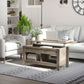 Lift Top Coffee Table with Hidden Storage Compartment and Open Shelves, Lift Tabletop Pop-Up Center Table for Living Room, Oak Effect
