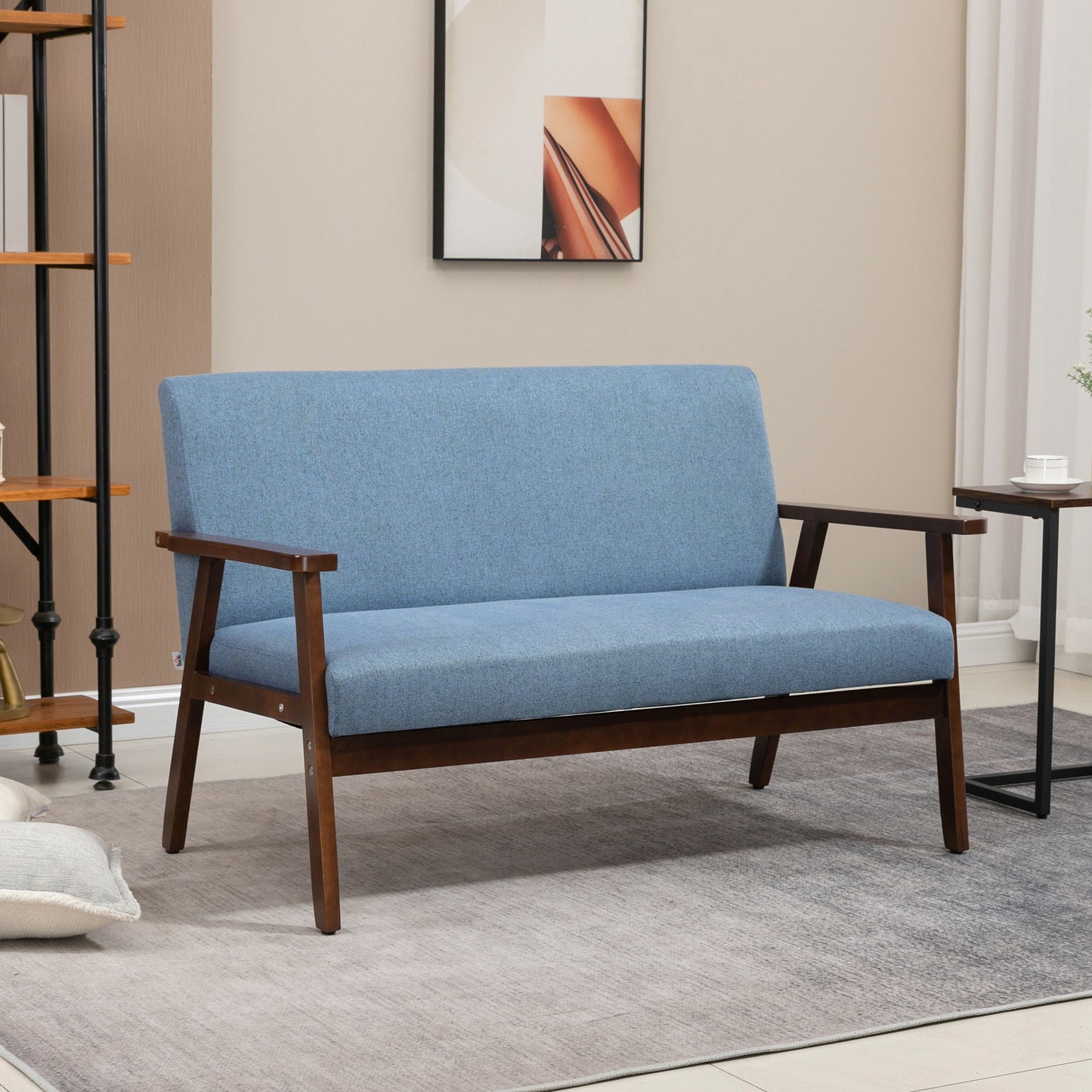 Compact Loveseat Sofa Couch Linen Fabric Double Seat Sofa with Rubber Wood Legs Blue