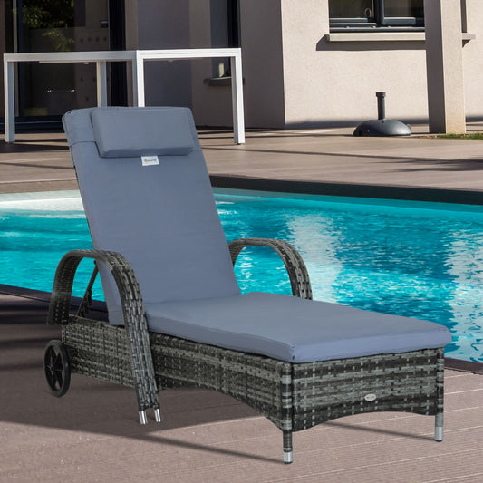 Wicker Chaise Lounge, Outdoor Lounge Chair, PE Rattan Patio Sun lounger with Head-rest, 5-Level Height Adjust Backrest, Cushion, & Wheels, Mixed Grey and Grey