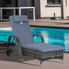 Wicker Chaise Lounge, Outdoor Lounge Chair, PE Rattan Patio Sun lounger with Head-rest, 5-Level Height Adjust Backrest, Cushion, & Wheels, Mixed Grey and Grey