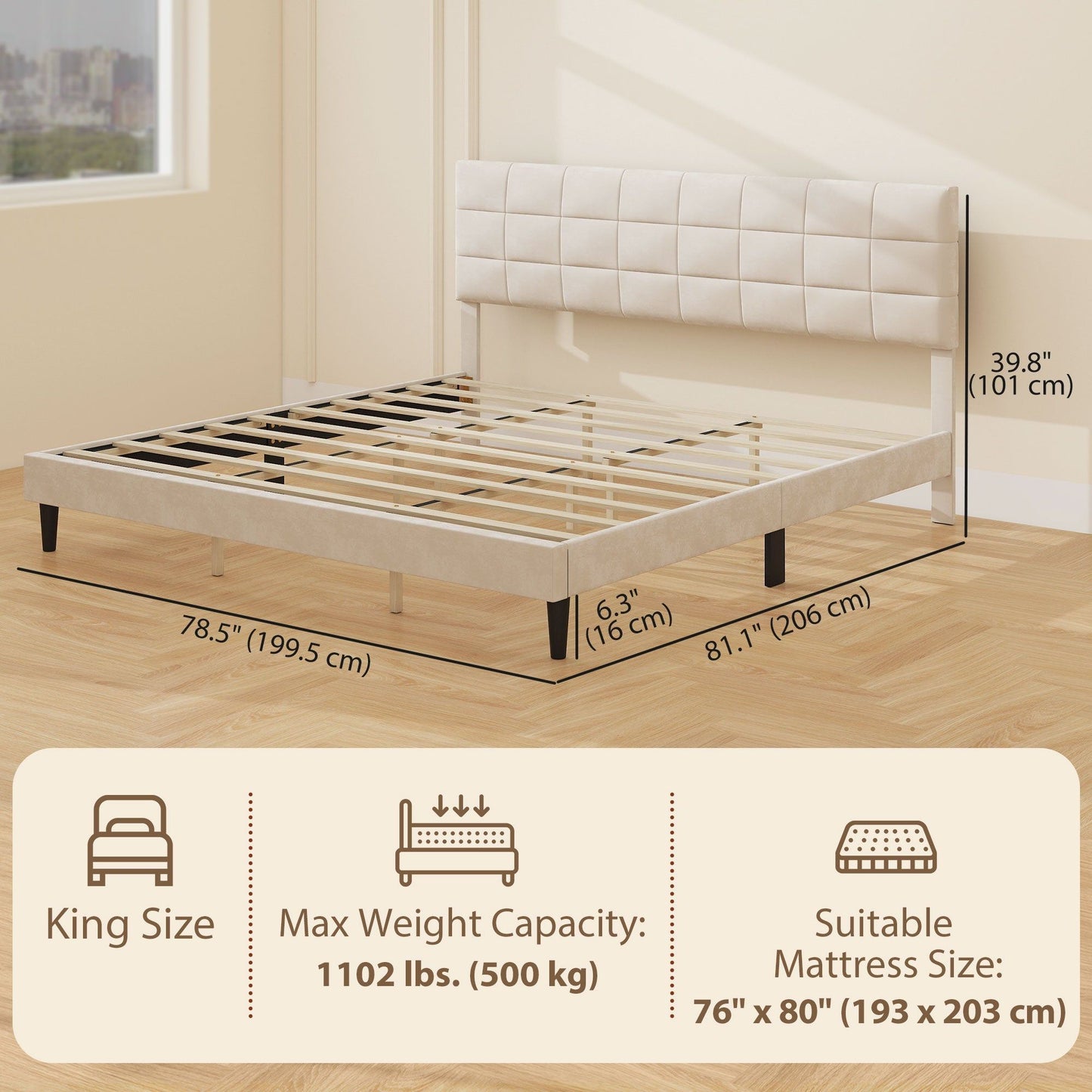 King Platform Bed Frame with Upholstered Headboard - Cream