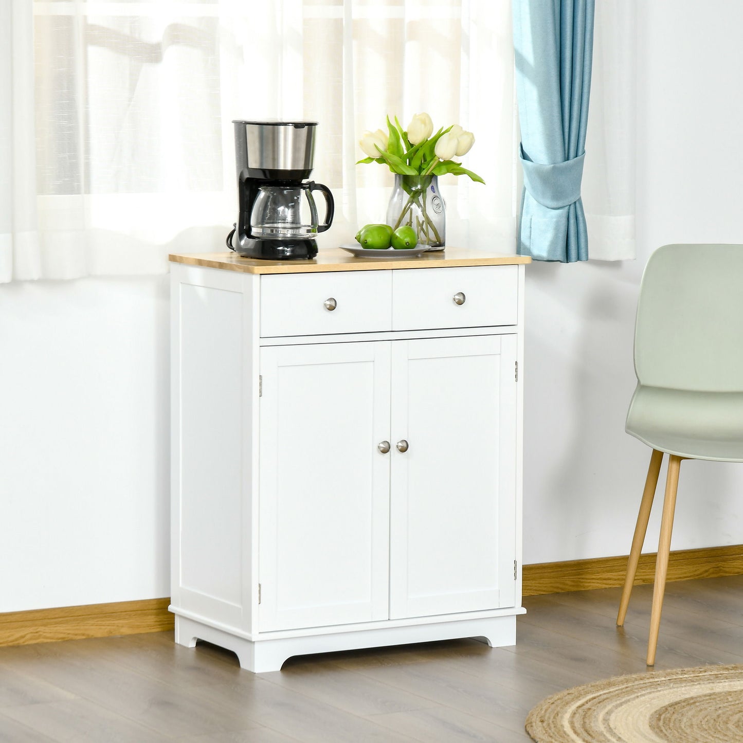 Sideboard Buffet Cabinet with Storage, 27" Kitchen Cabinet with Adjustable Shelf, 2 Drawers and 2 Doors, Coffee Bar Cabinet with Rubberwood Tabletop, White