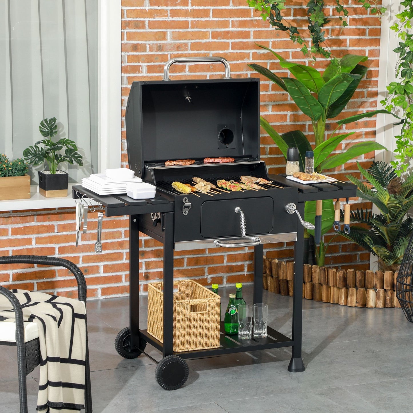 Charcoal BBQ Grill Smoker with Adjustable Charcoal Pan and Galvanised Steel Shell, Barbecue Grill Trolley with Storage