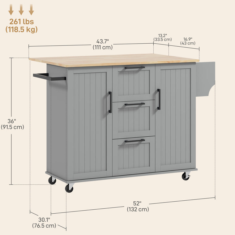 Rolling Kitchen Cart with Drop Leaf & 3 Drawers