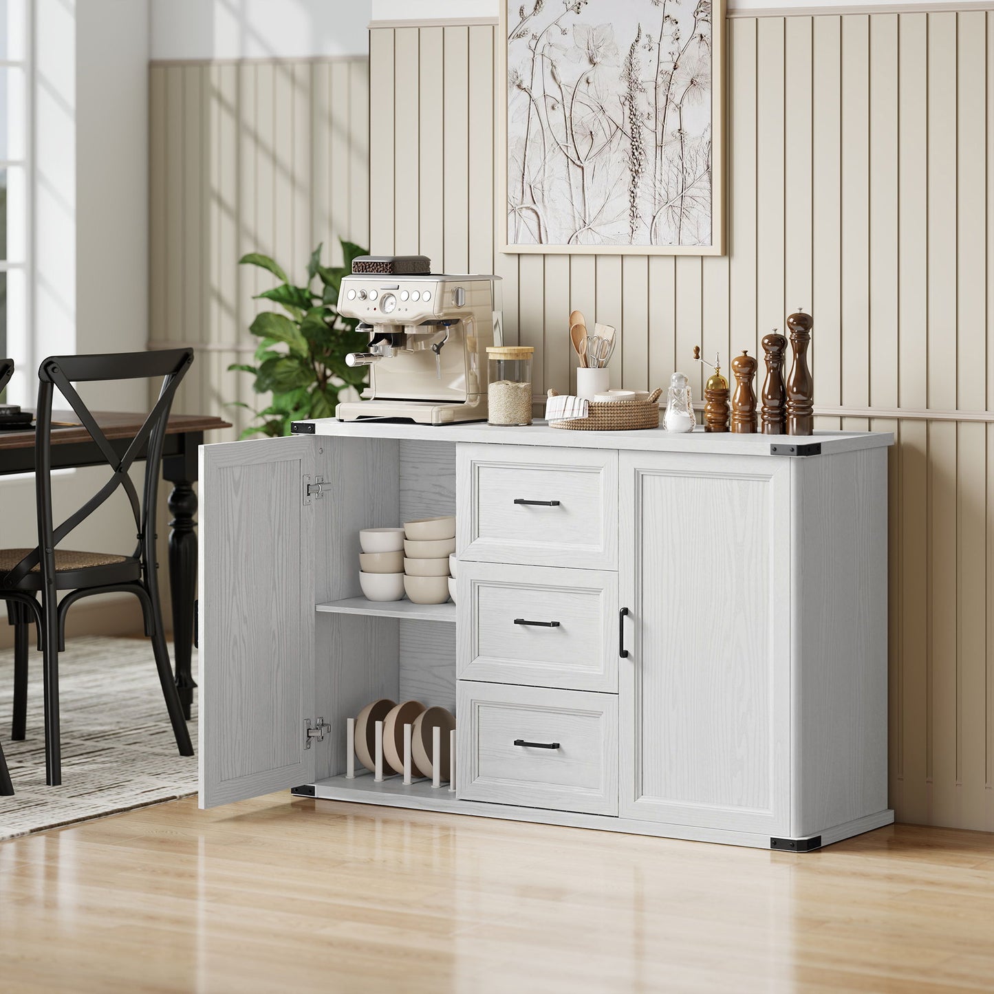 Sideboard with 3 Drawers and 2 Doors, 47" Buffet Cabinet with Adjustable Shelves for Kitchen, White Wood Grain