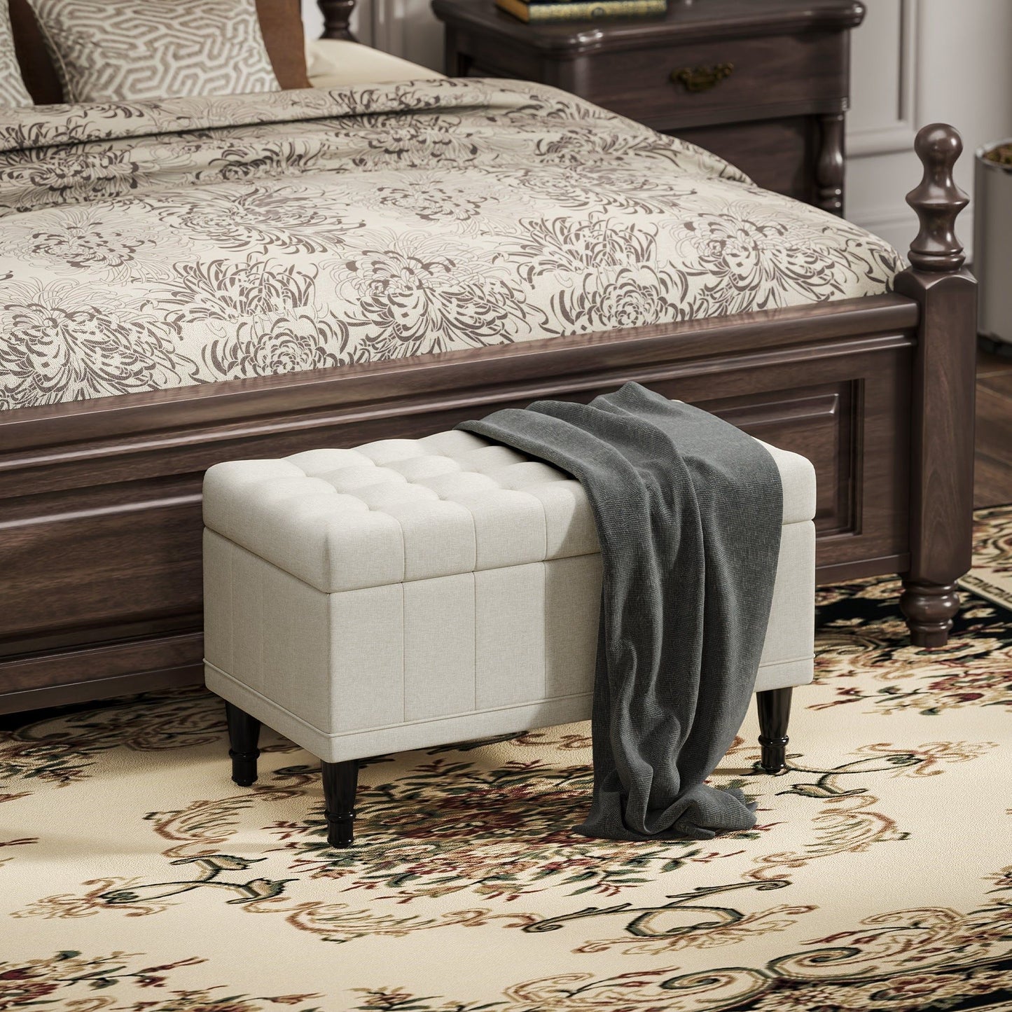 Tufted Linen Storage Ottoman Bench - Beige