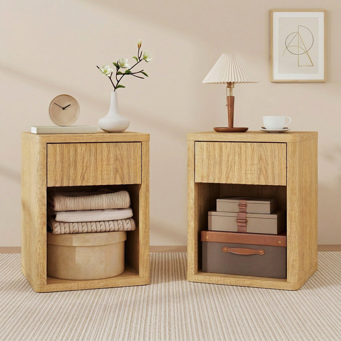 Nightstands Set of 2 with Drawer and Open Shelf - Oak
