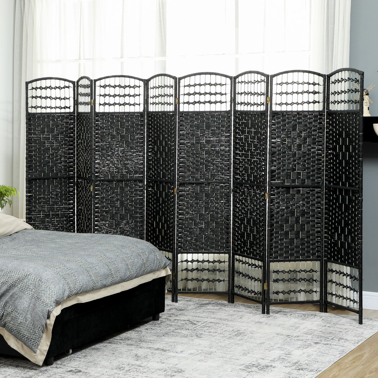 8 Panel Folding Room Divider, Portable Privacy Screen, Wave Fiber Room Partition for Home Office, Black