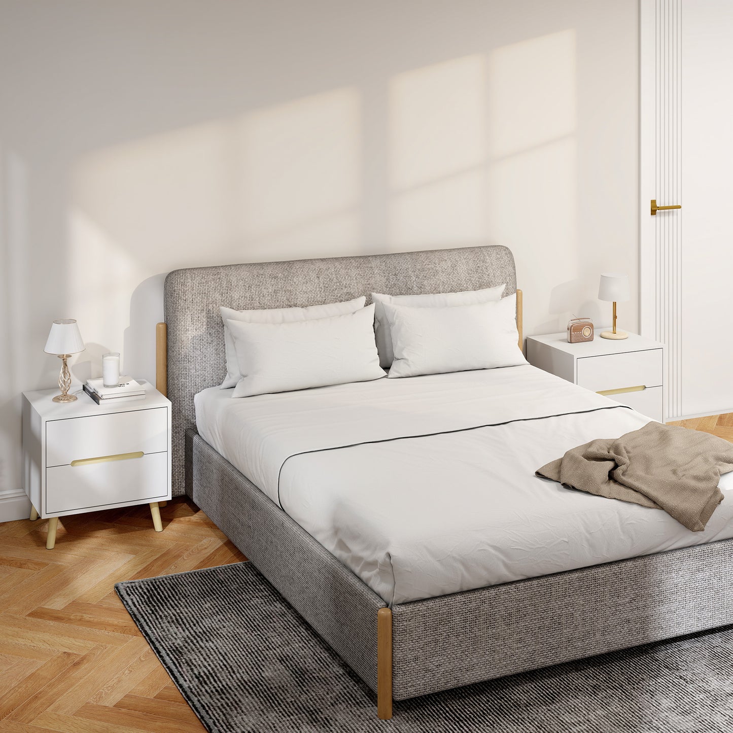 Nightstands Set of 2, Bedside Table with 2 Drawers, Modern Side End Table with Solid Wood Legs for Bedroom, White
