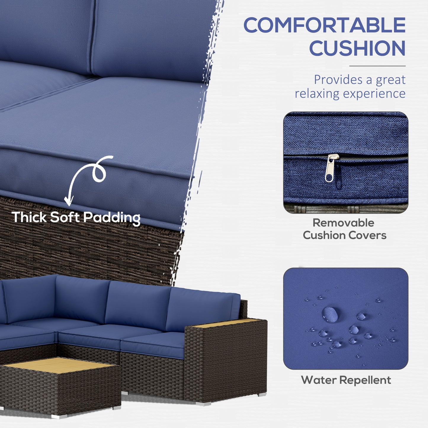 6 Pieces Outdoor Rattan Patio Furniture Set with Corner Sofa, Wood-Plastic Coffee Table, Navy Blue