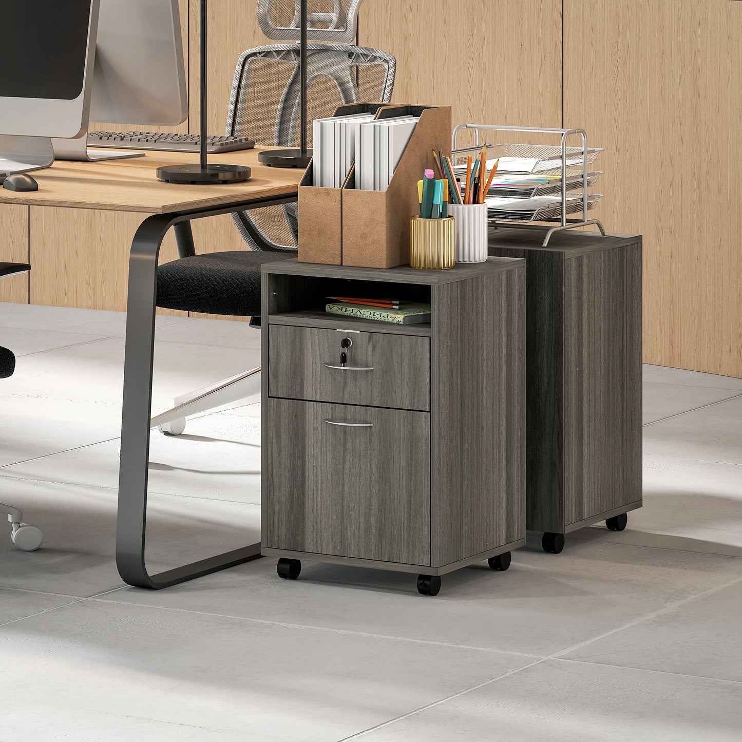 24" Filing Cabinet with Open Compartment, Lockable Drawer and Wheels, Home Office Storage Cabinet, Distressed Grey