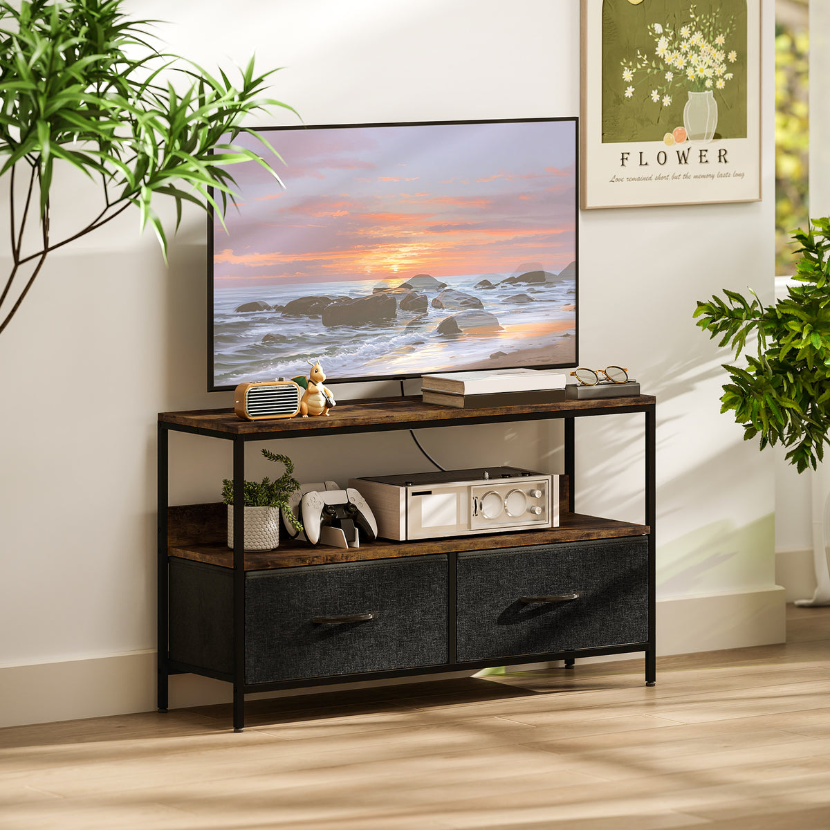 TV Stand with Charging Station, TV Table with 2 Foldable Linen Drawers and Open Shelf for 47 Inch TV, Rustic Brown