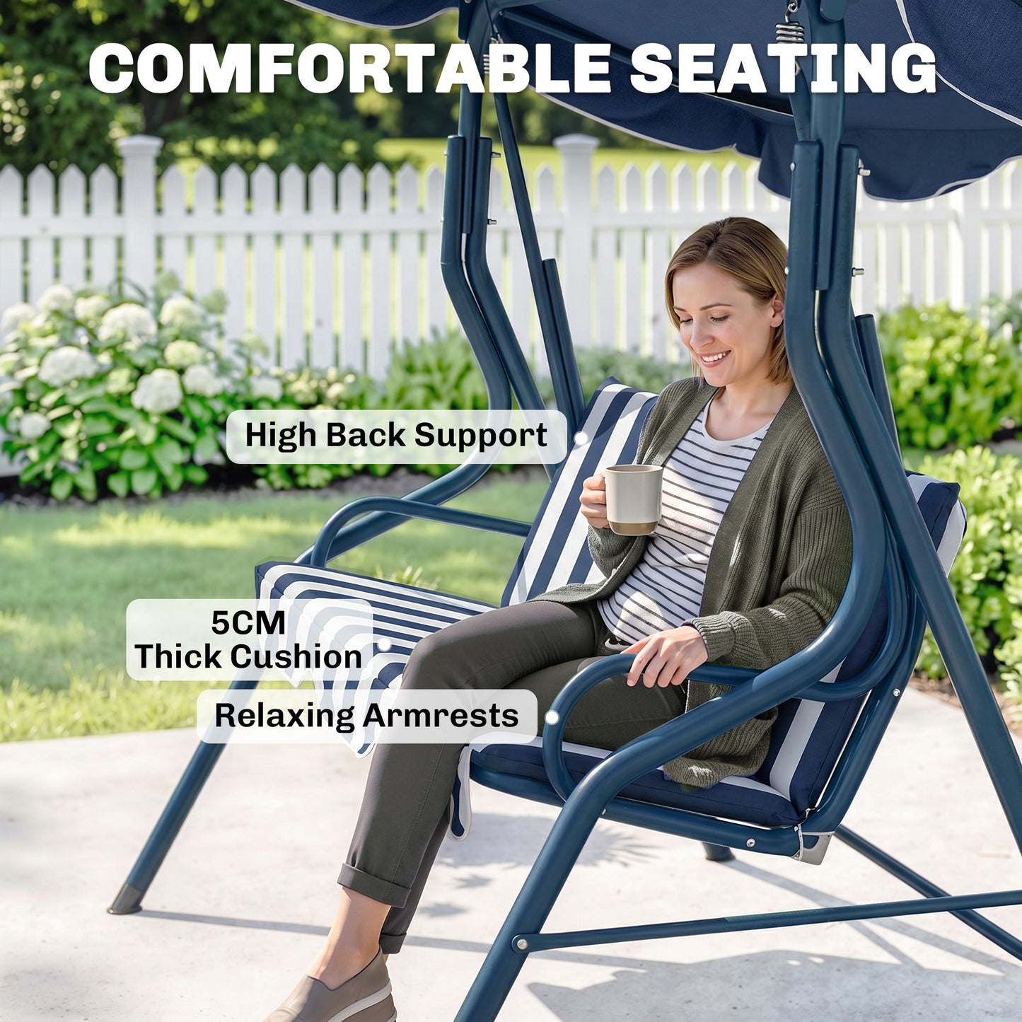 Outdoor Porch Swing with Adjustable Canopy, 3-Seater Patio Swing Chair with Cushion, Black
