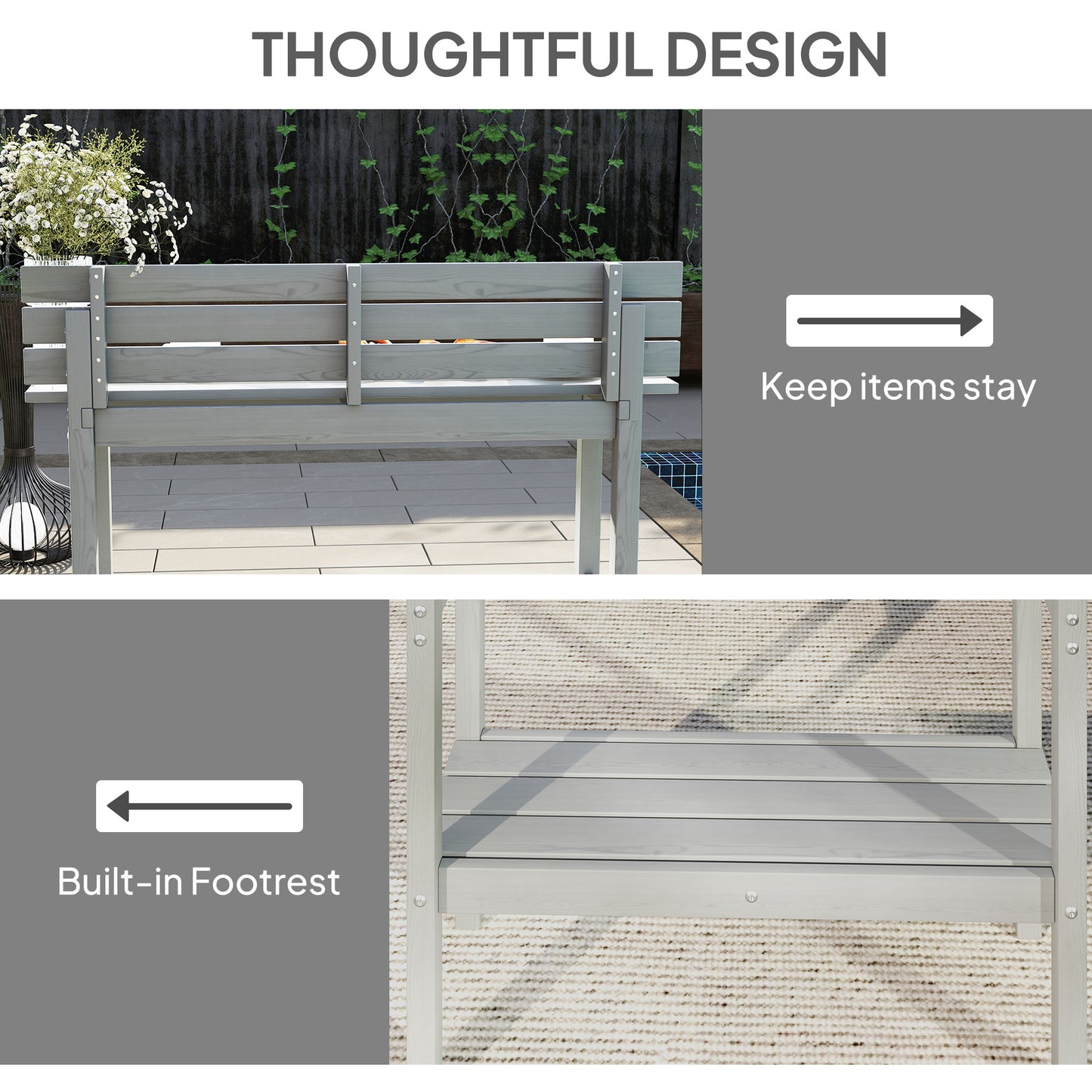 110cm Rectangle Outdoor Bar Table with Built-in Footrest, Slatted Top, Grey