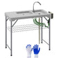 Folding Fish Cleaning Table with Sinks, Camping Sink with Faucet Drainage Hose Sprayer Shelf, Grey